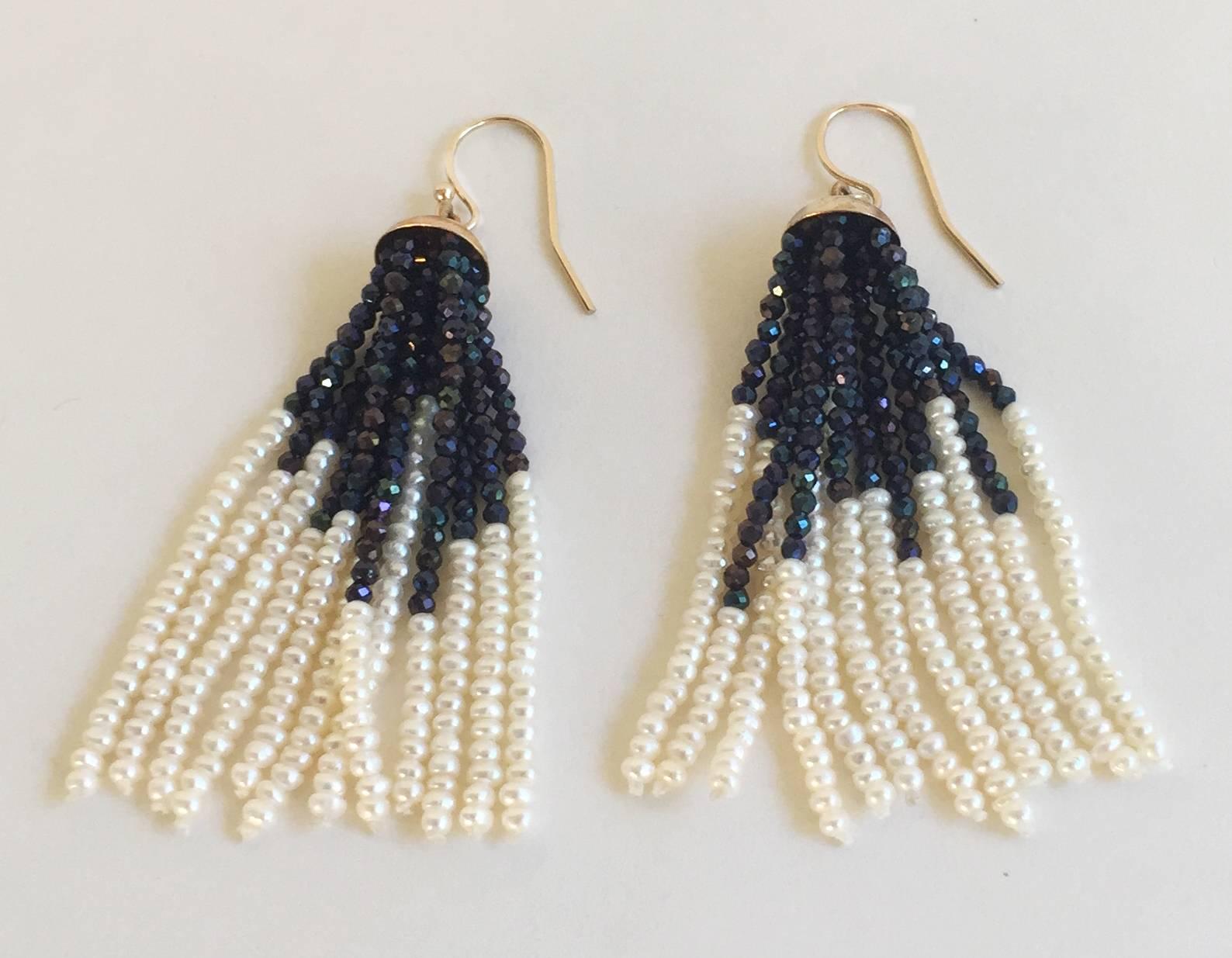 Women's Pearl and Black Spinel Tassel Earrings with 14 Karat Yellow Gold Cup and Hook