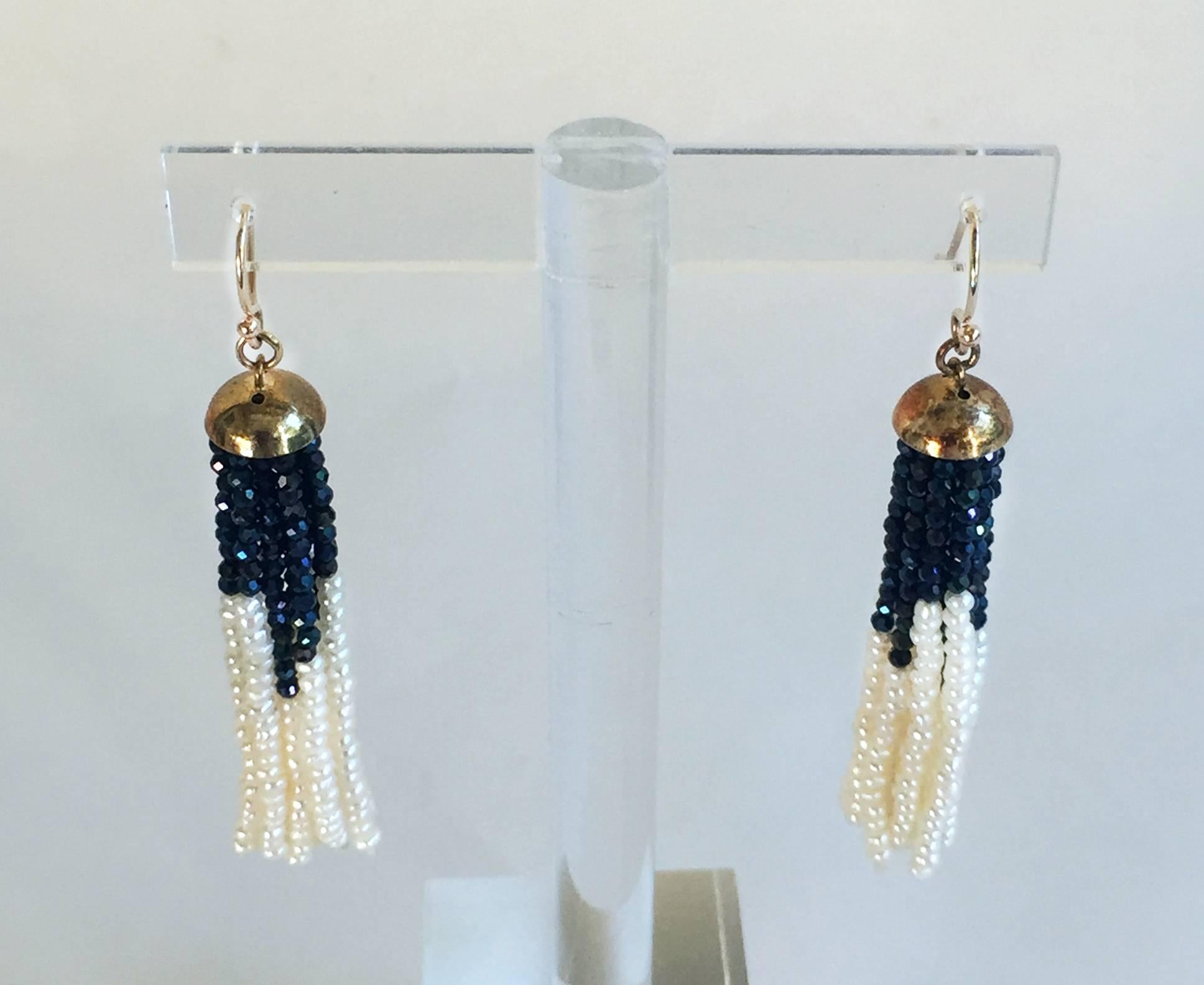 Artist Pearl and Black Spinel Tassel Earrings with 14 Karat Yellow Gold Cup and Hook