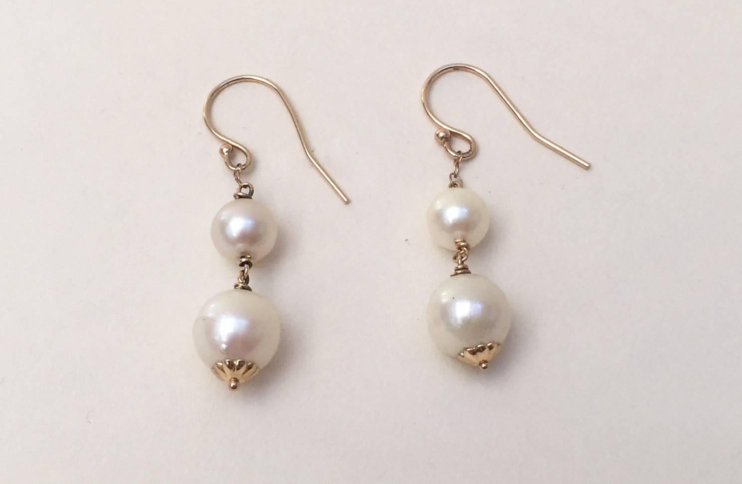 Artist Double Pearl Earrings with 14 Karat Yellow Gold Hook and Wiring by Marina J.