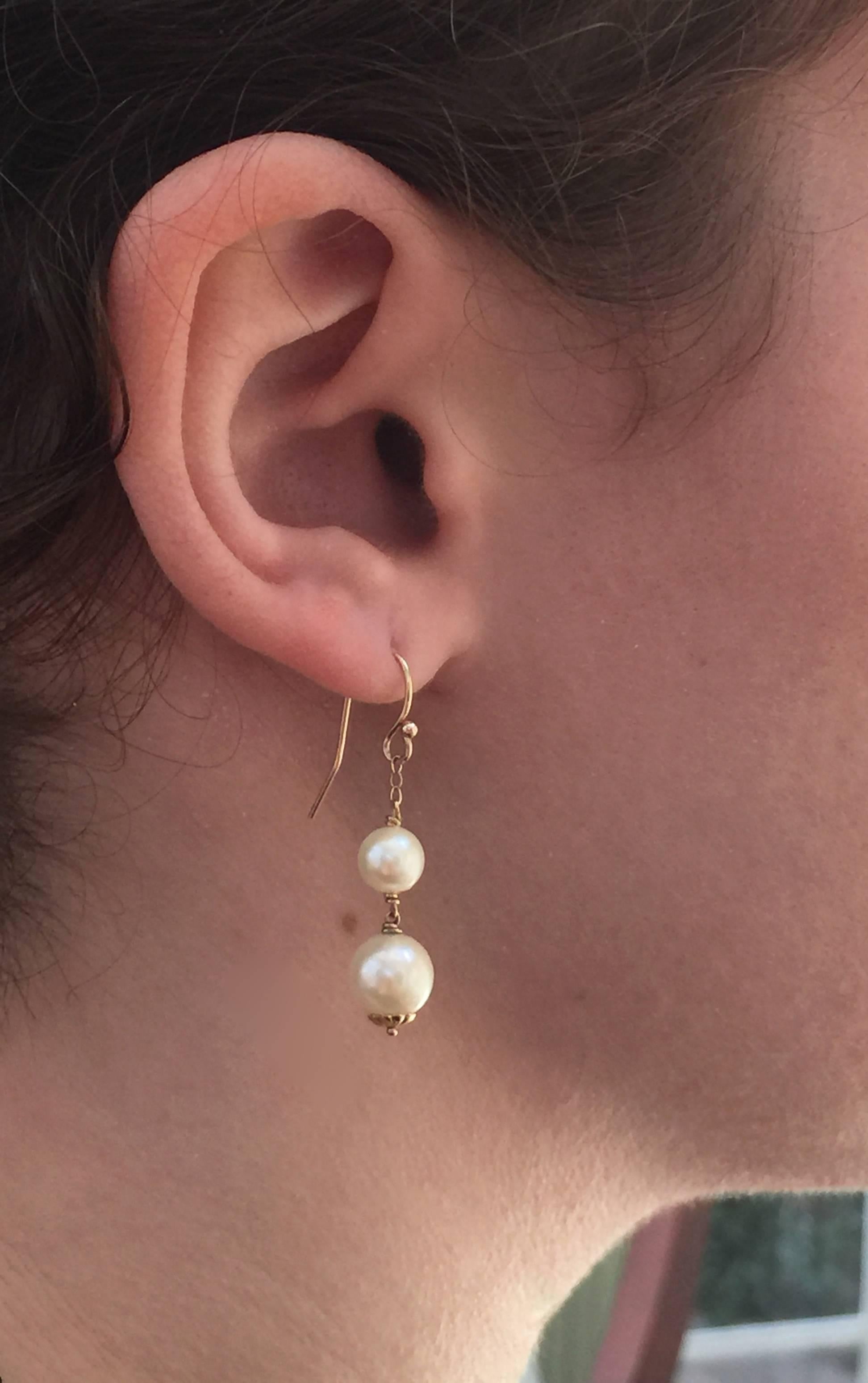 Women's Double Pearl Earrings with 14 Karat Yellow Gold Hook and Wiring by Marina J.