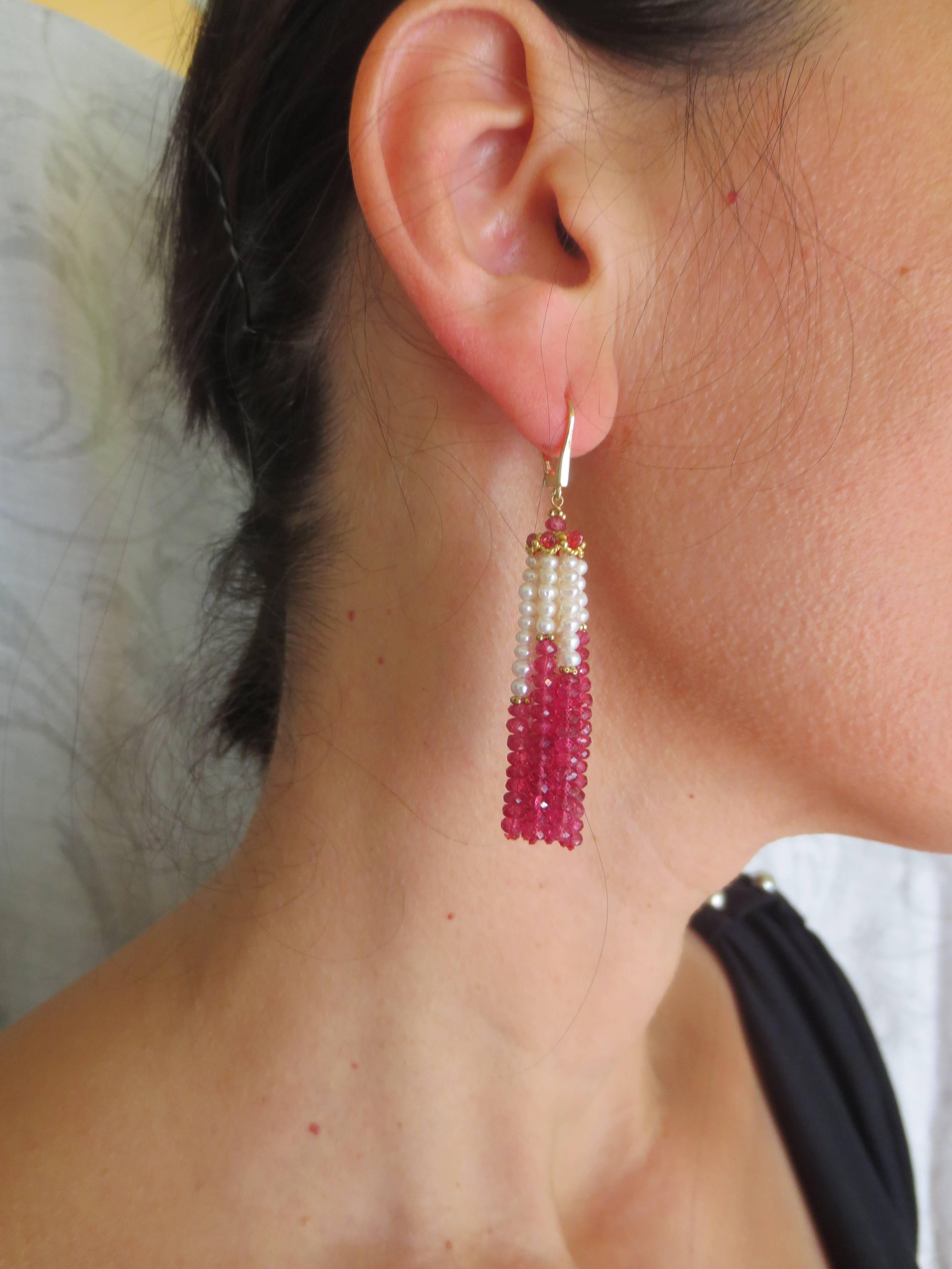 Faceted Ruby Bead & Pearl Tassel Earrings w.14 K Yellow Gold In Excellent Condition In Los Angeles, CA