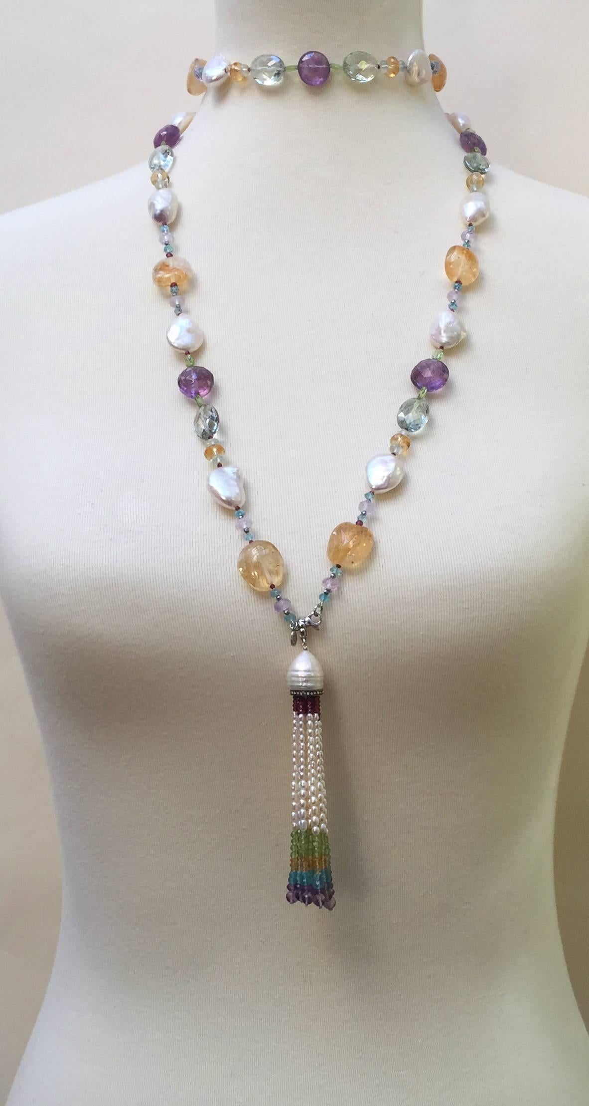 Marina J Citrine, Pearl, Amethyst, Aquamarine and Peridot Sautoir with 14 K Gold In New Condition In Los Angeles, CA