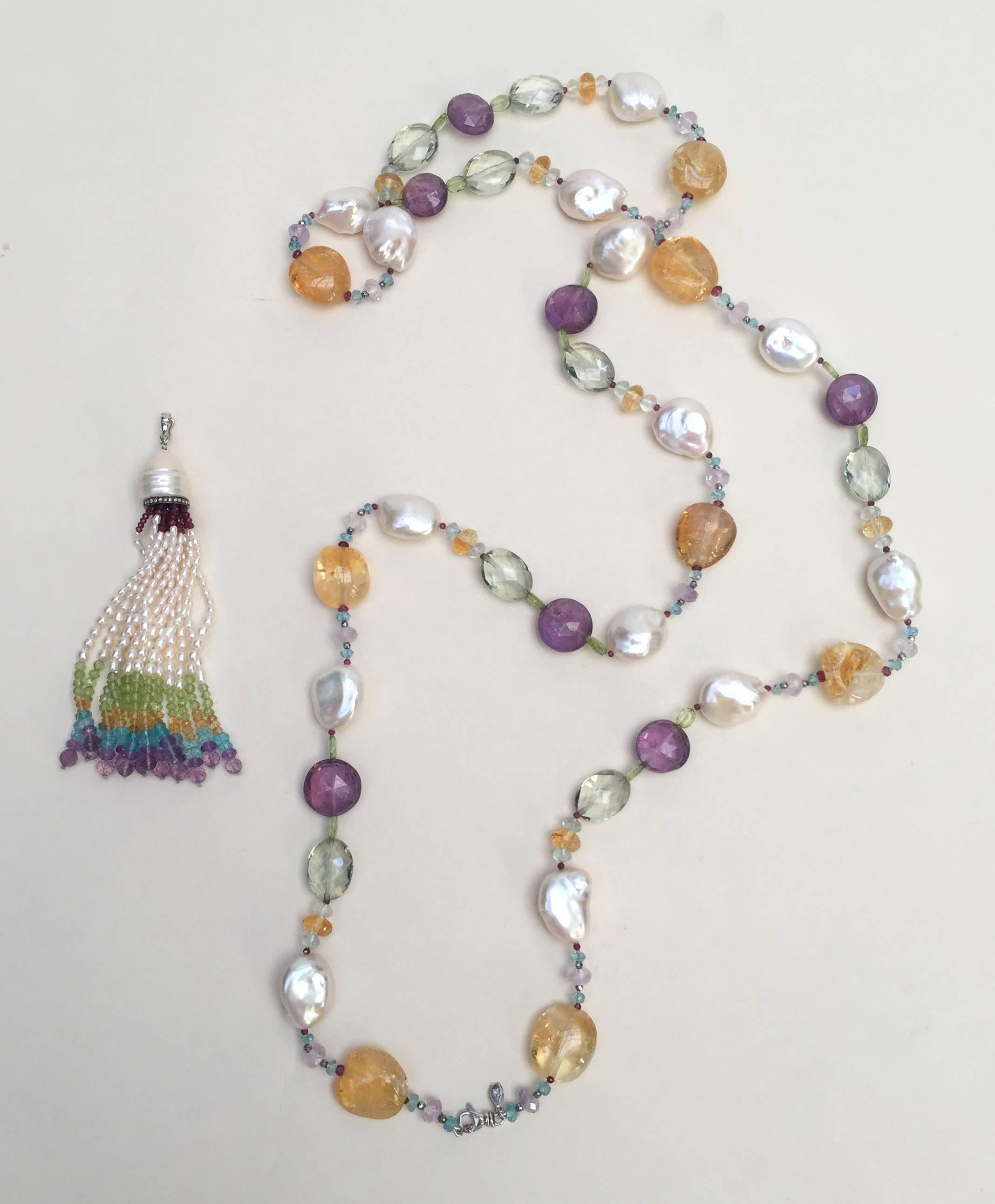 Women's Marina J Citrine, Pearl, Amethyst, Aquamarine and Peridot Sautoir with 14 K Gold