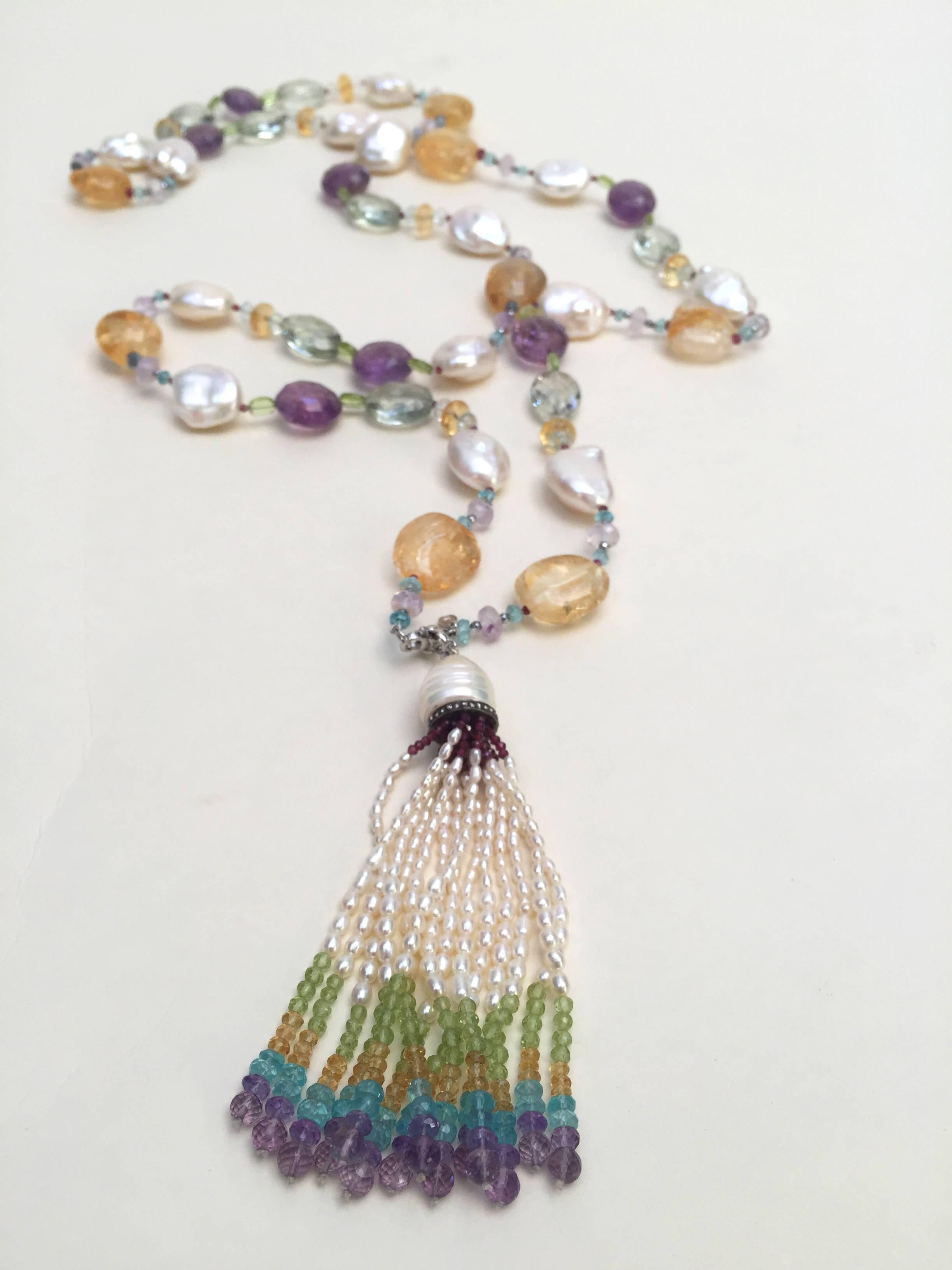 Artist Marina J Citrine, Pearl, Amethyst, Aquamarine and Peridot Sautoir with 14 K Gold