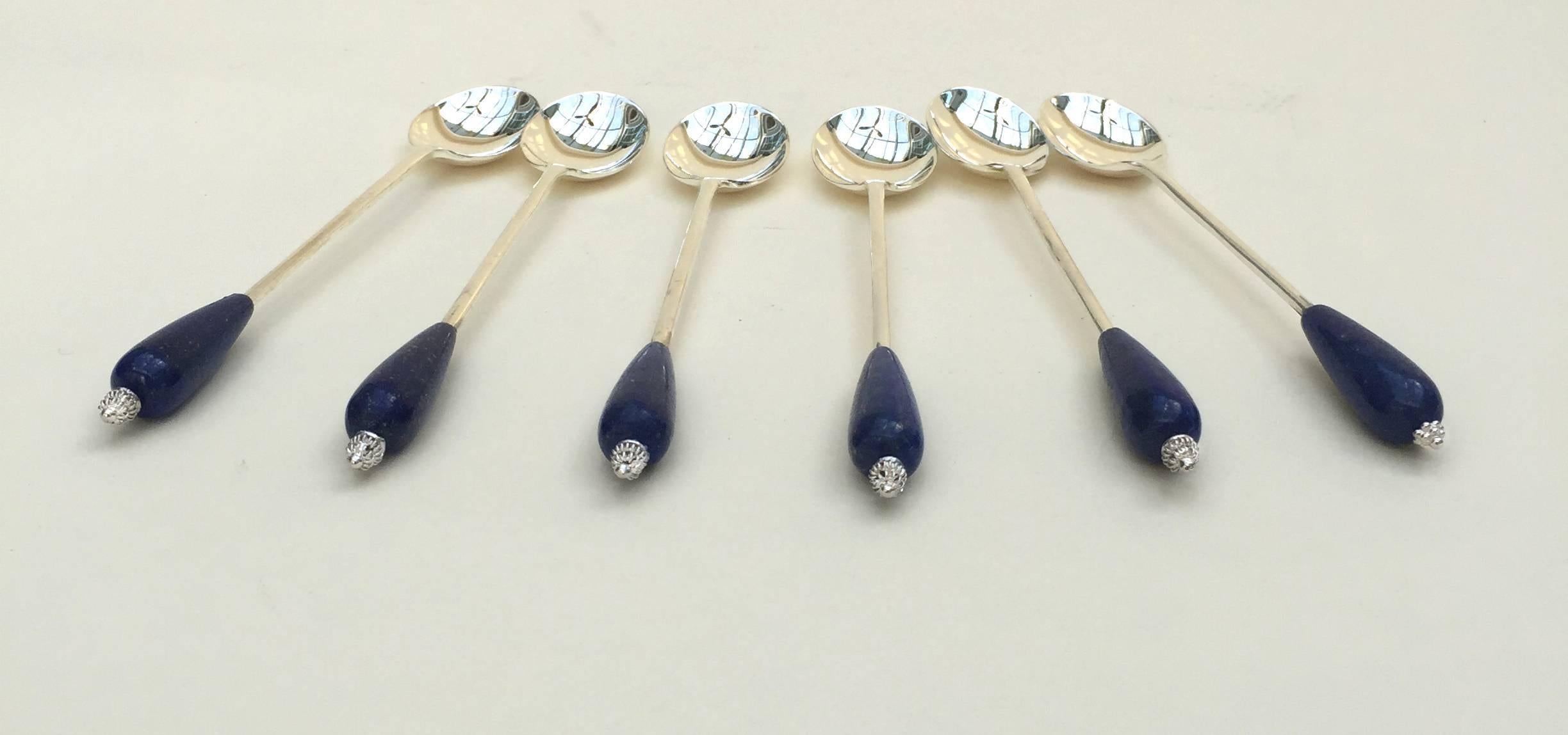 Six English Silver Plated Tea Spoon Set with Lapis Lazuli by Marina J In New Condition In Los Angeles, CA