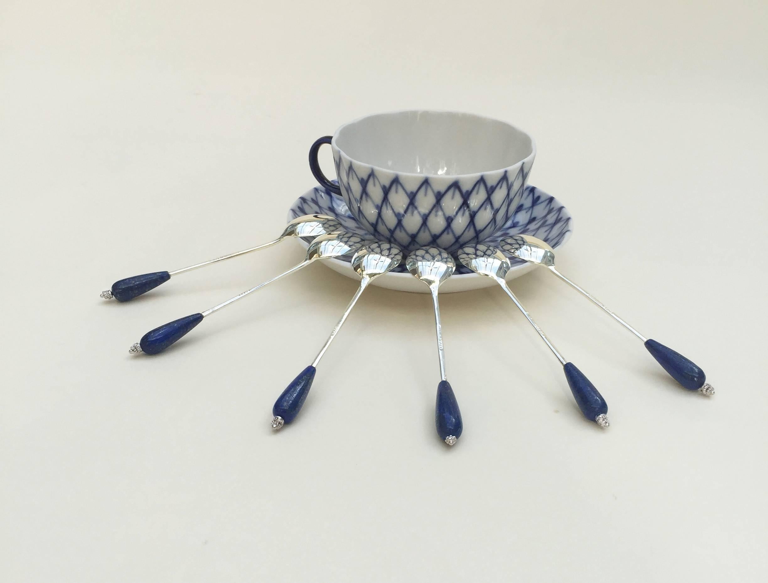 Six English Silver Plated Tea Spoon Set with Lapis Lazuli by Marina J 2