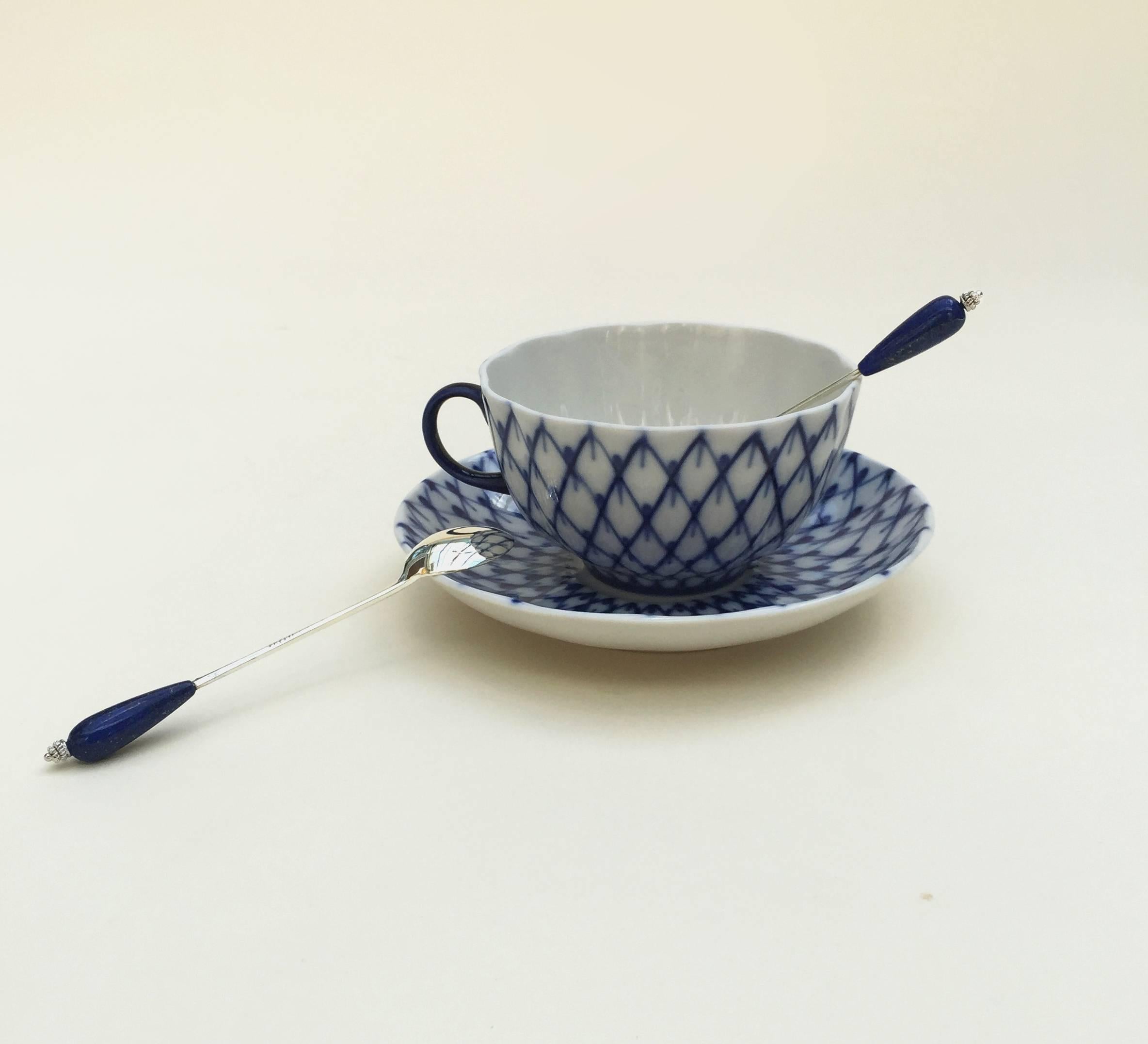 Artist Six English Silver Plated Tea Spoon Set with Lapis Lazuli by Marina J