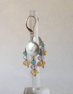 Marina J. Orecchini di Topazio Blu, Ametista e Citirina con Moneta di Perle e Oro Giallo 14k