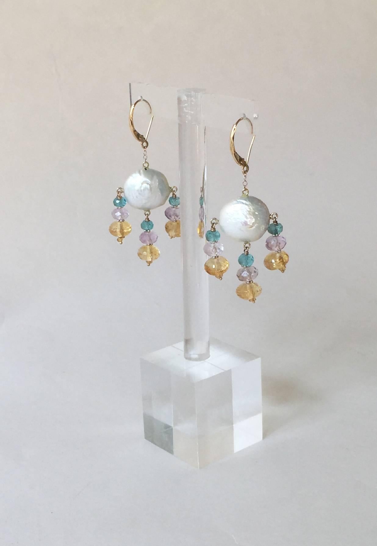 Artist Marina J. Blue Topaz, Amethyst, & Citirine Coin Pearl Earrings & 14k Yellow Gold For Sale