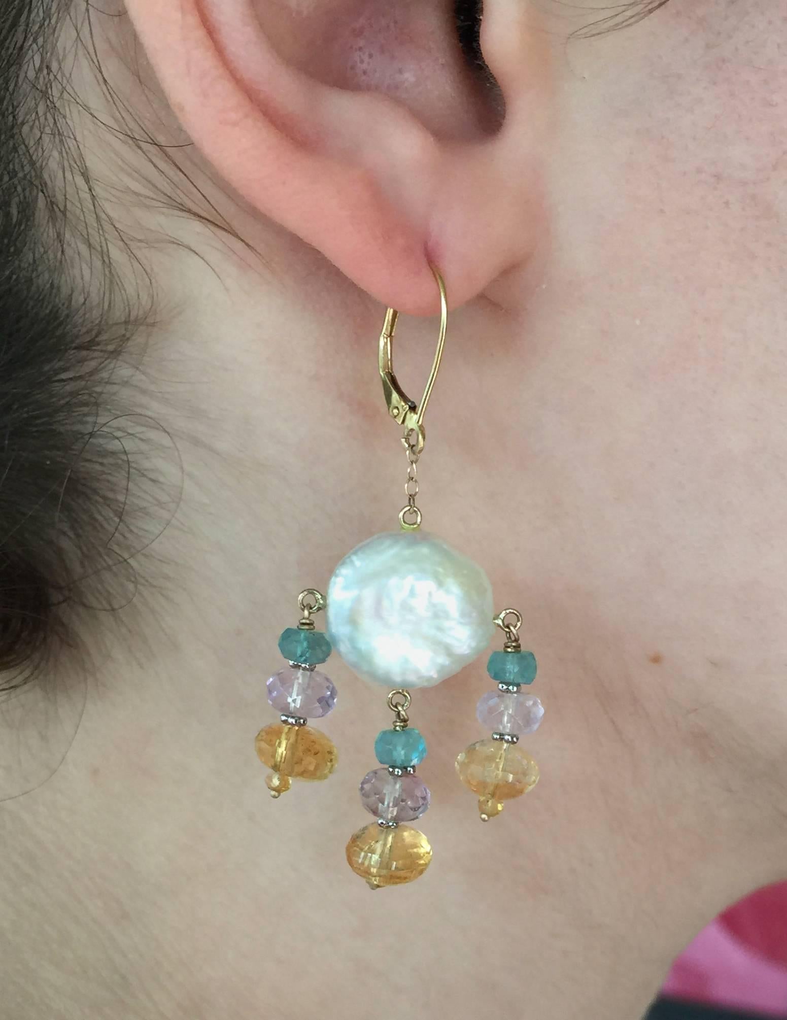 Women's Marina J. Blue Topaz, Amethyst, & Citirine Coin Pearl Earrings & 14k Yellow Gold For Sale