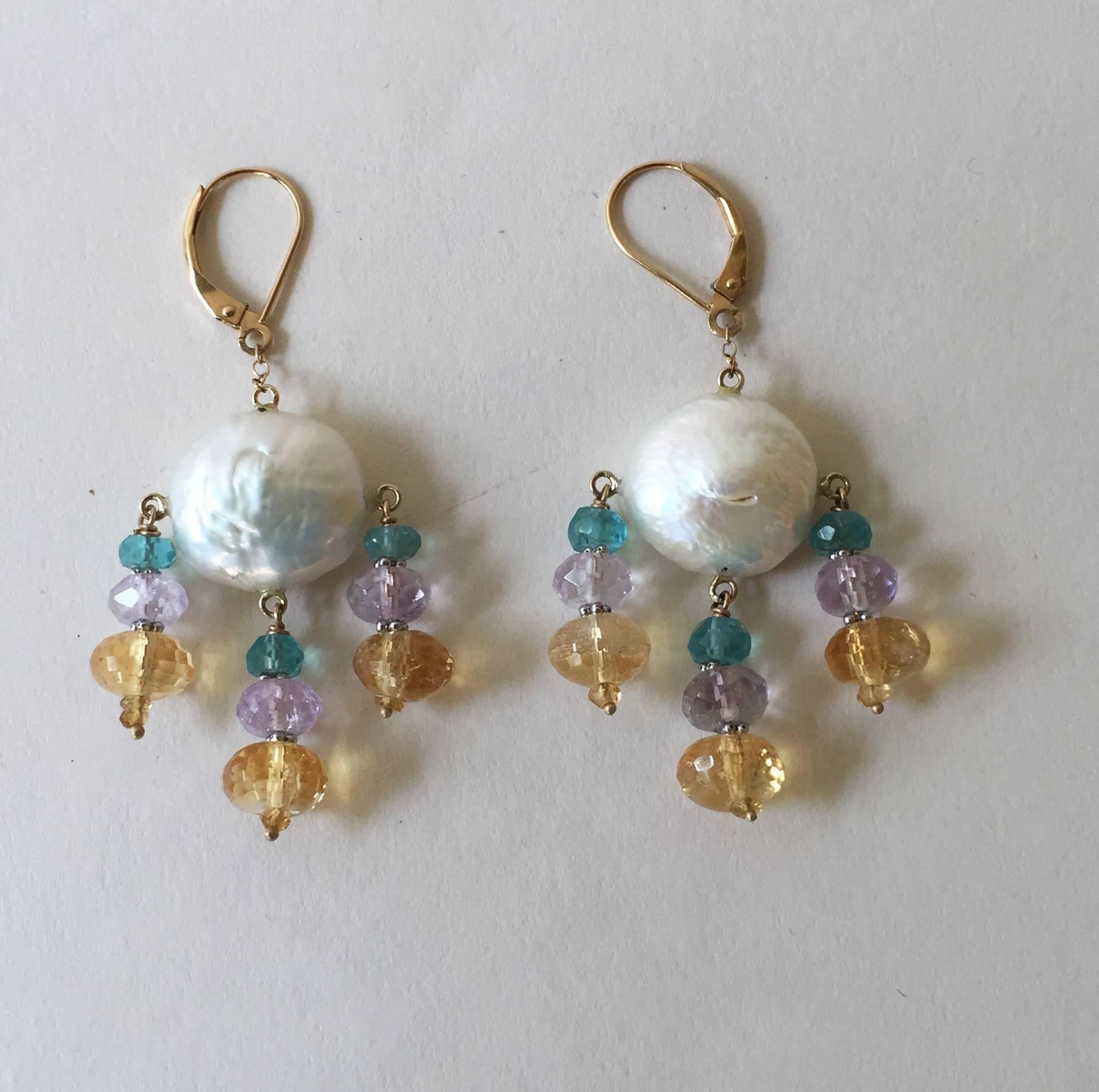 Marina J. Blue Topaz, Amethyst, & Citirine Coin Pearl Earrings & 14k Yellow Gold In New Condition For Sale In Los Angeles, CA