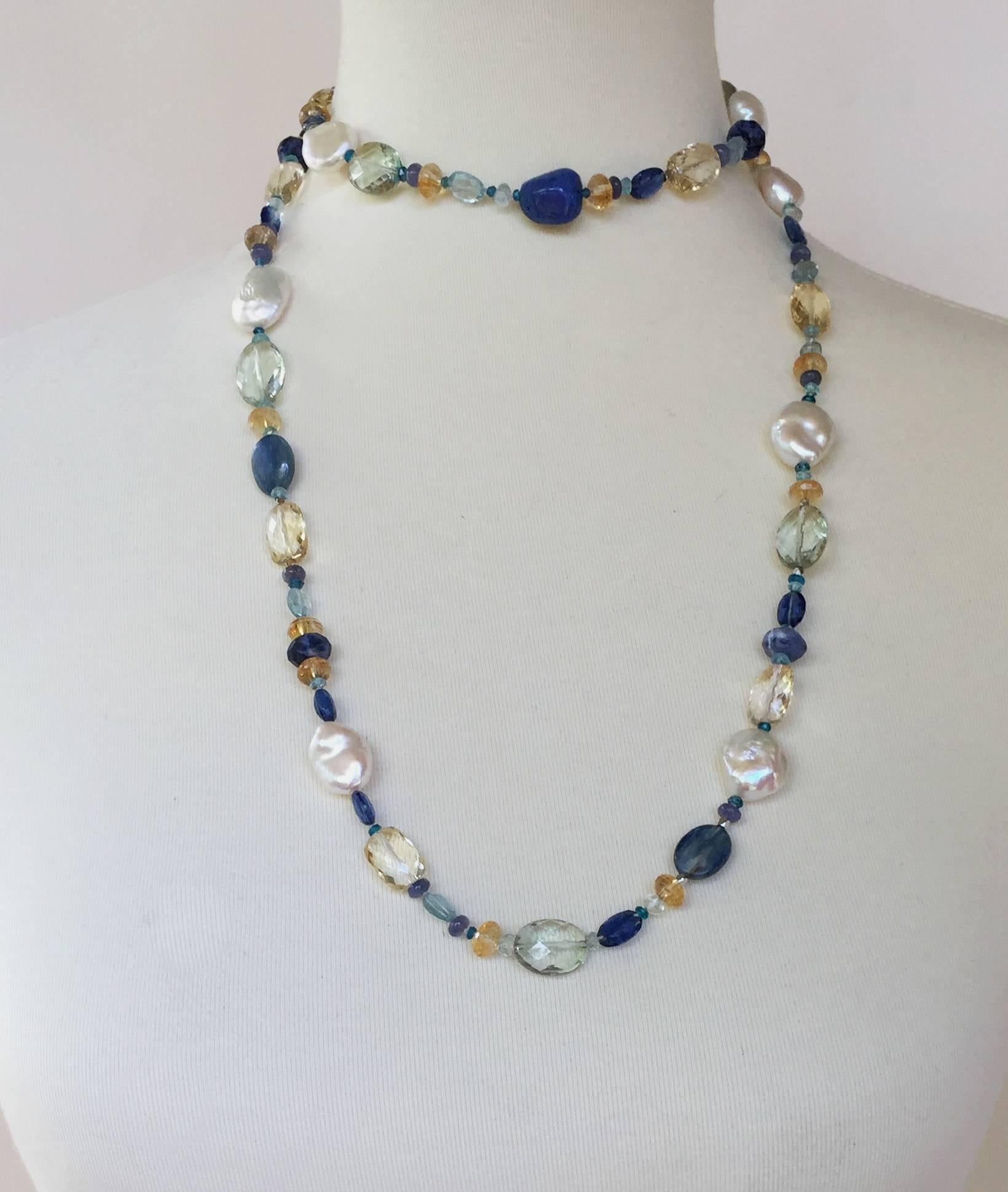 Women's Pearl and Blue Semi-Precious Stone sautoir with Tassel and 14 Karat Gold 