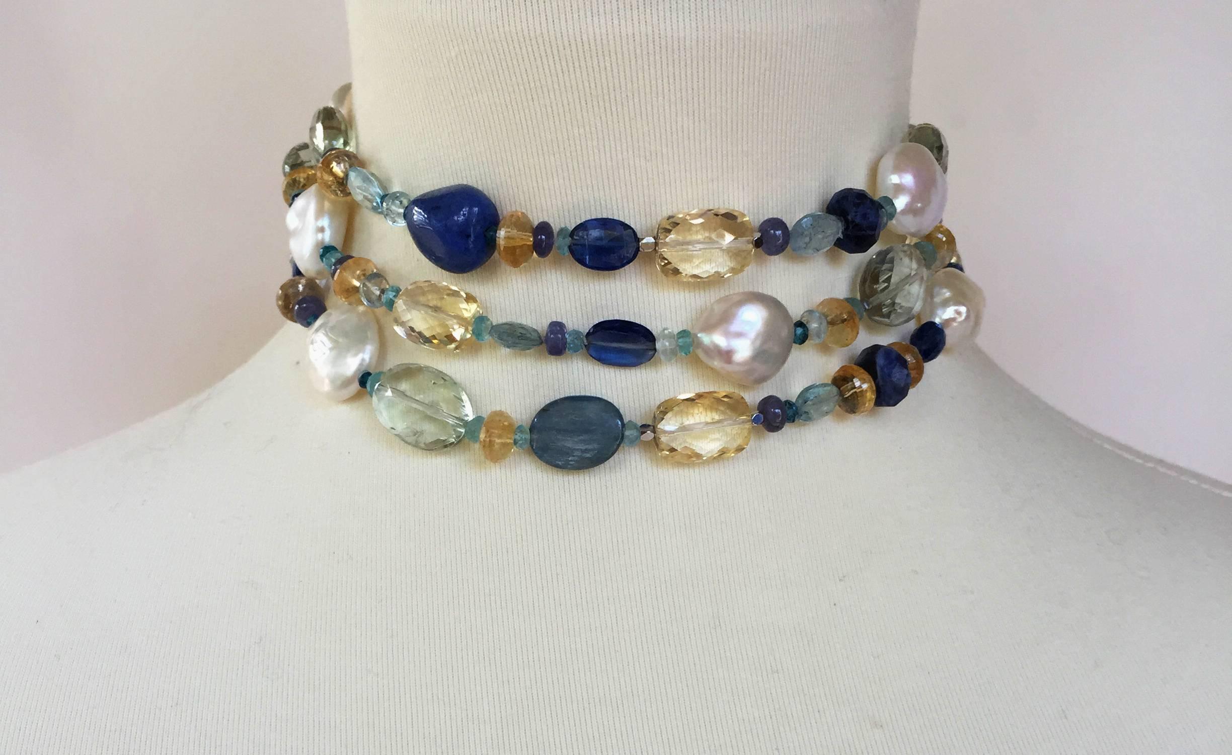 Pearl and Blue Semi-Precious Stone sautoir with Tassel and 14 Karat Gold  1