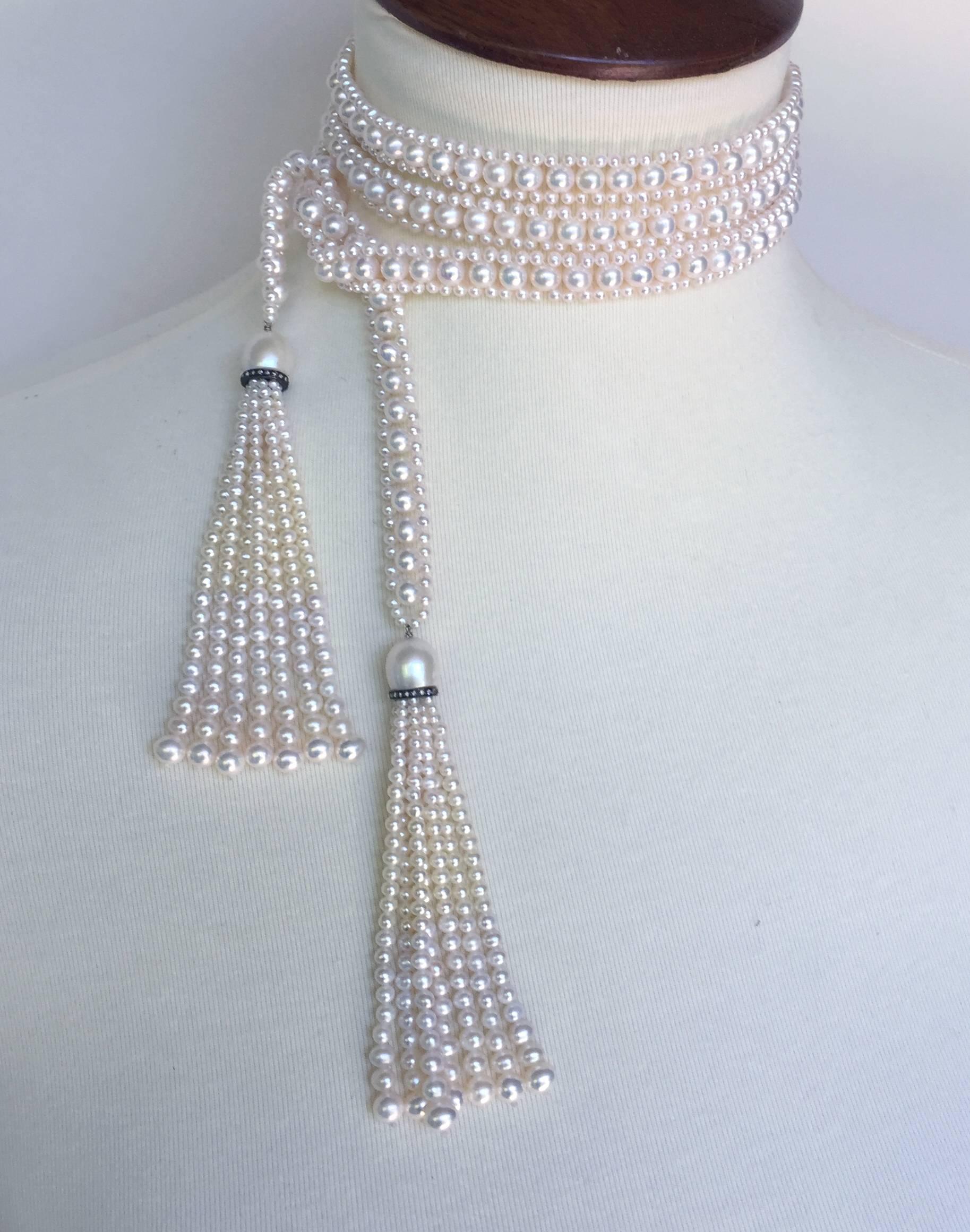 Marina J Pearl Rope Sautoir with Pearl Tassel and Diamond Encrusted Roundels In New Condition In Los Angeles, CA