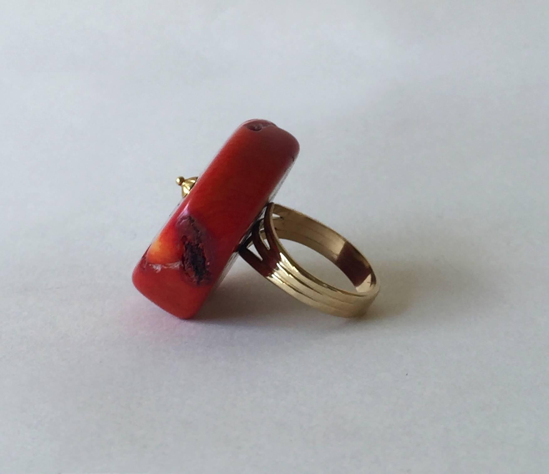 Women's Coral Ring with 14 Karat Yellow Gold Band by Marina J