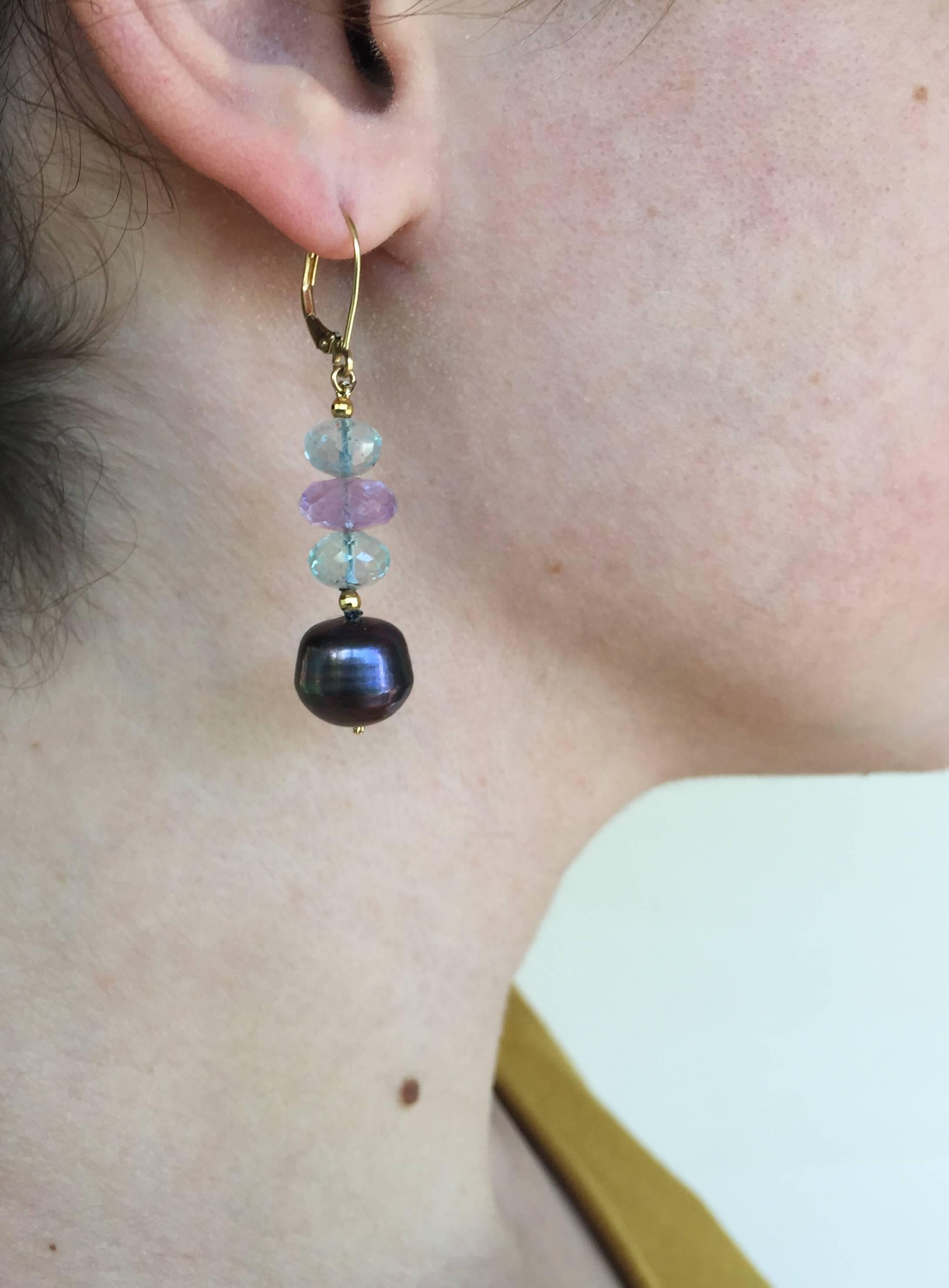 Marina J Blue Topaz, Amethyst, and Black Pearl Earrings with 14K Gold earrings In New Condition In Los Angeles, CA