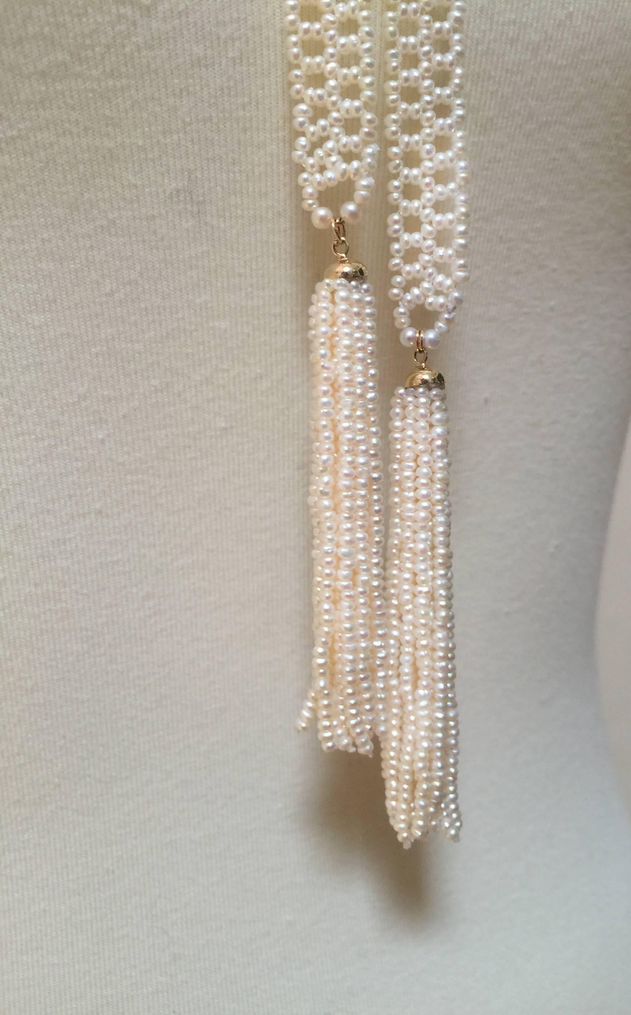 Marina J Woven Seed Pearl Sautoir with 14 Karat Yellow Gold Topped Pearl Tassels In New Condition In Los Angeles, CA