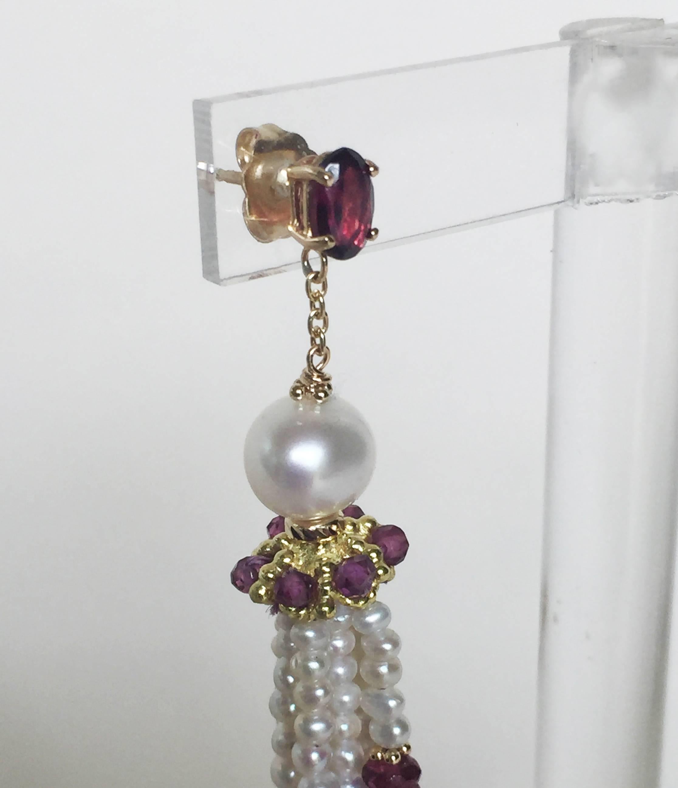 Graduated Pearl and Garnet Tassel Earrings with 14k Gold by Marina J  In New Condition In Los Angeles, CA