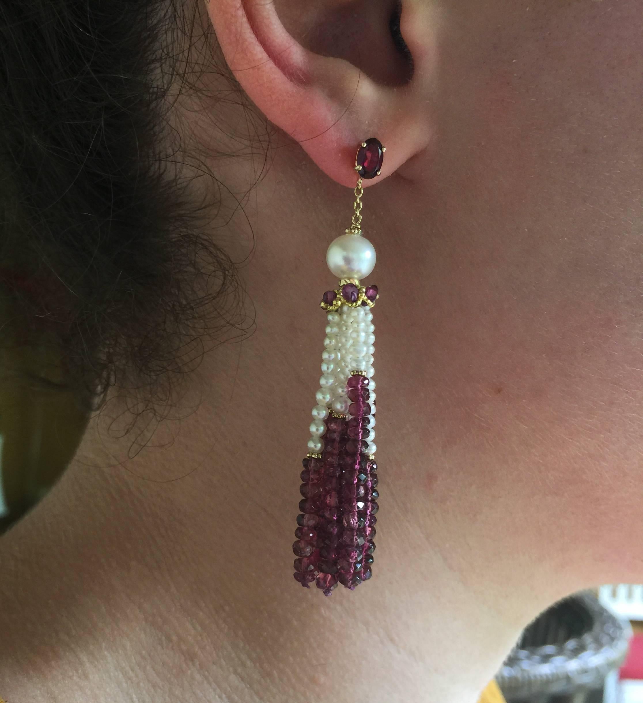 Graduated Pearl and Garnet Tassel Earrings with 14k Gold by Marina J  1