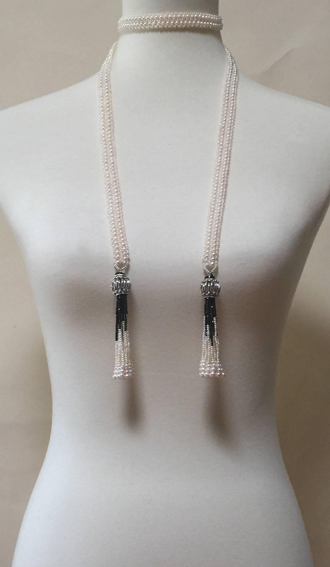 Women's Double Strand Pearl Sautoir with Onyx and Pearl Tassels by Marina J