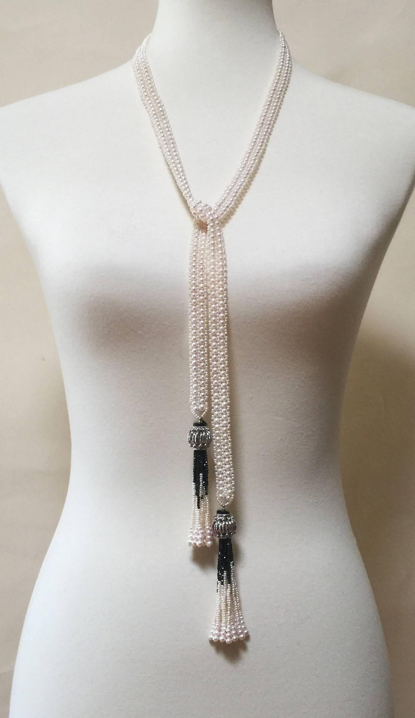 Double Strand Pearl Sautoir with Onyx and Pearl Tassels by Marina J In New Condition In Los Angeles, CA