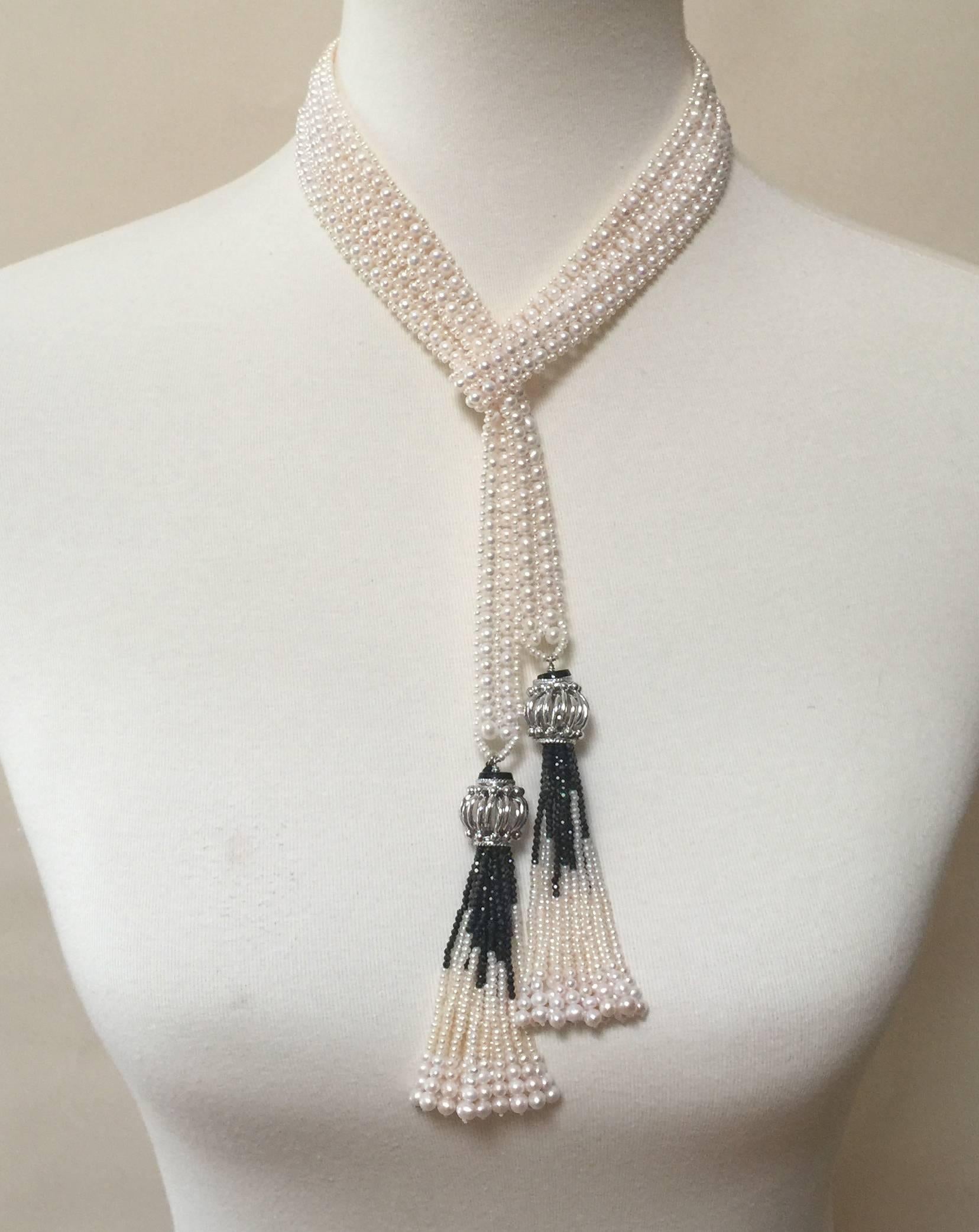 Double Strand Pearl Sautoir with Onyx and Pearl Tassels by Marina J 2