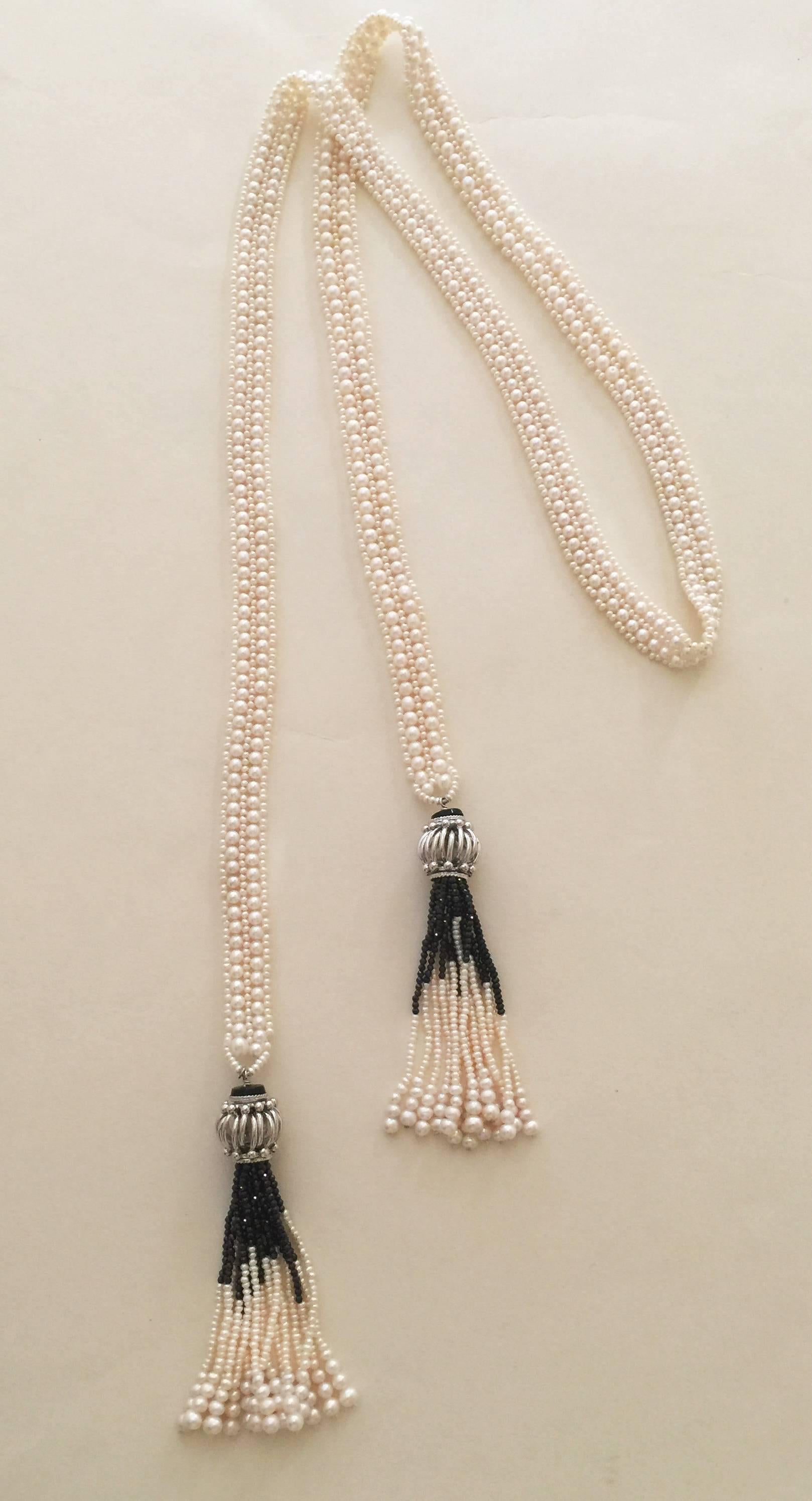 Double Strand Pearl Sautoir with Onyx and Pearl Tassels by Marina J 1