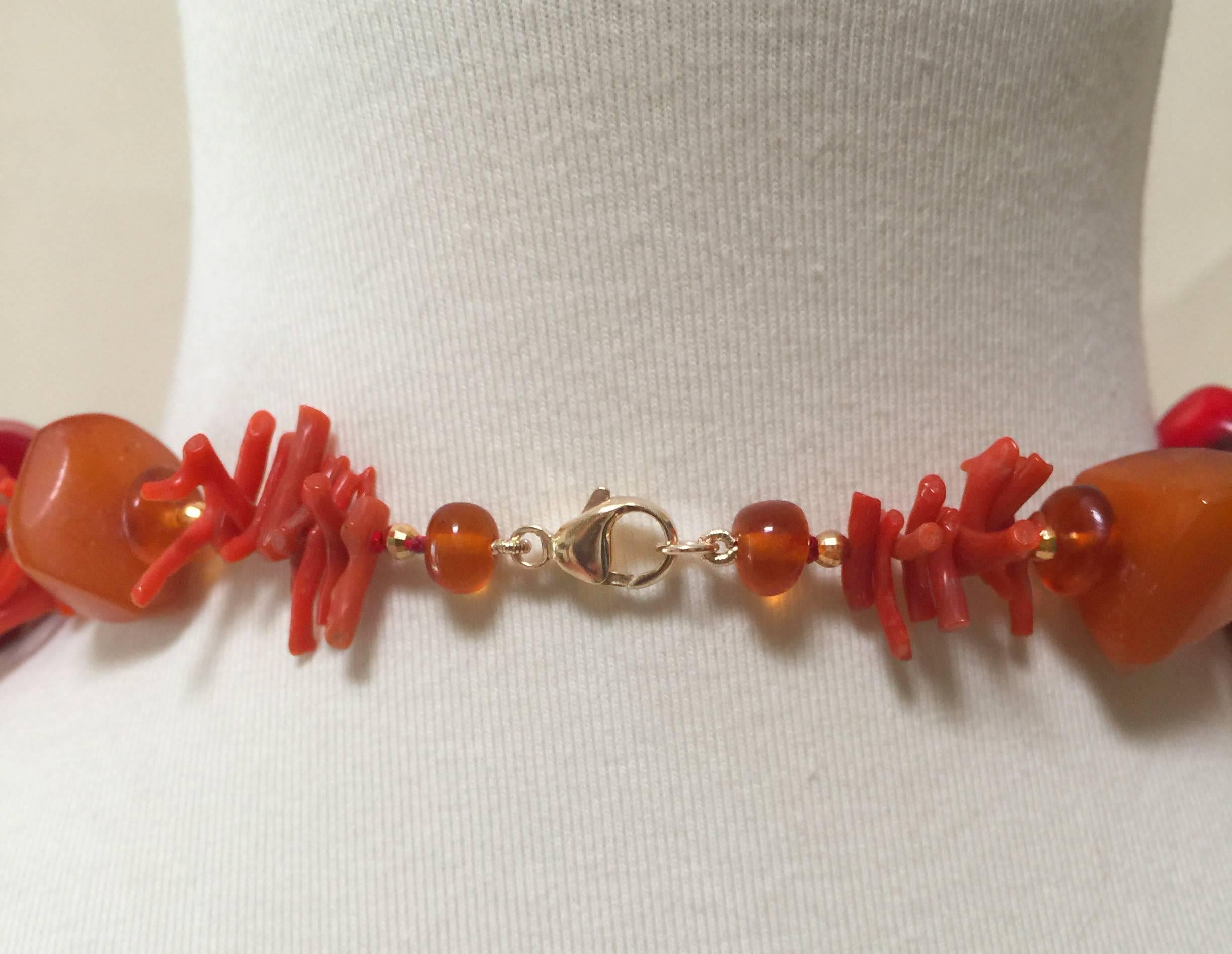 Artist Red Coral and Amber Necklace with Gold Plated Beads and Clasp by Marina J
