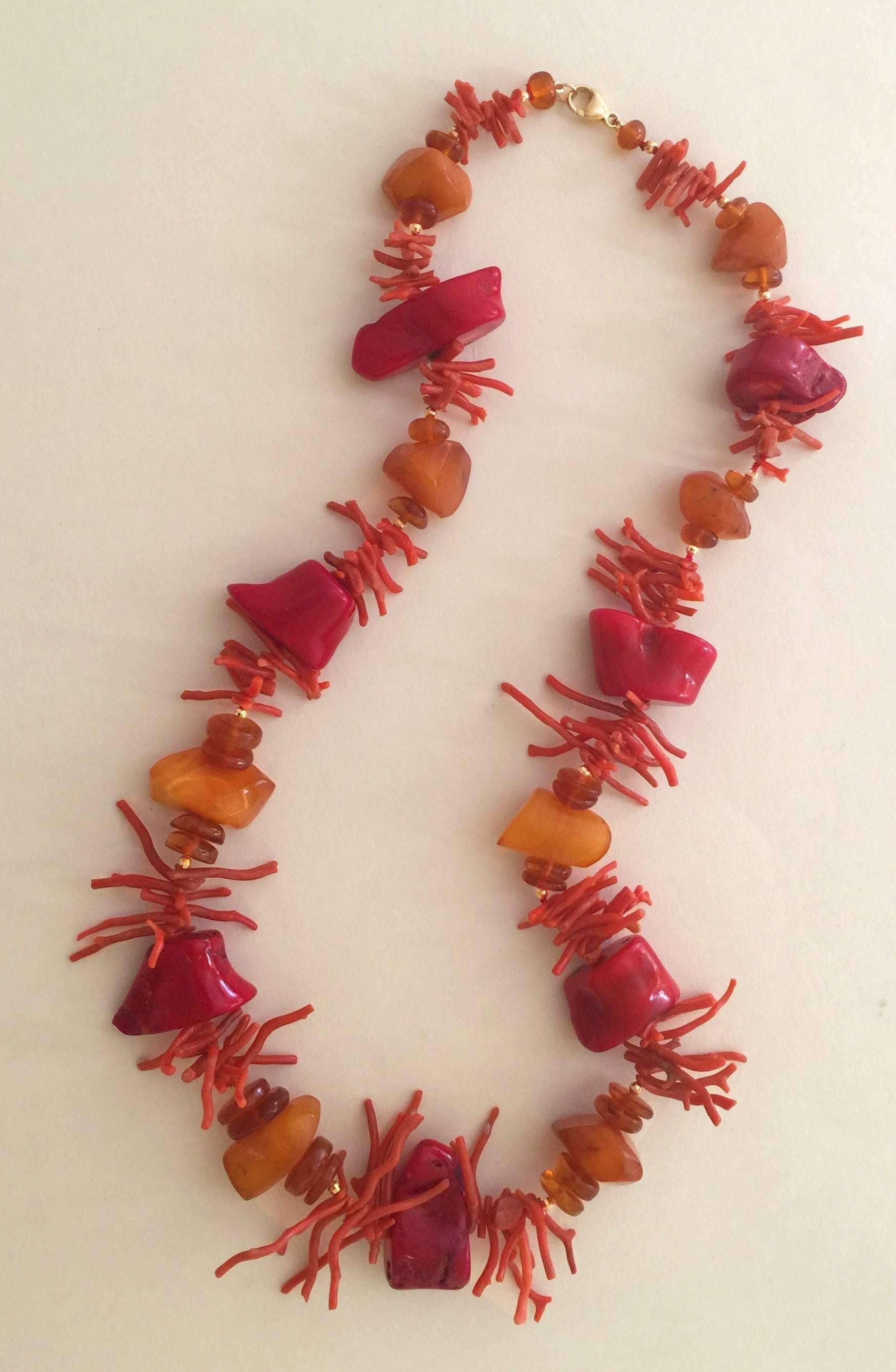 Red Coral and Amber Necklace with Gold Plated Beads and Clasp by Marina J In New Condition In Los Angeles, CA