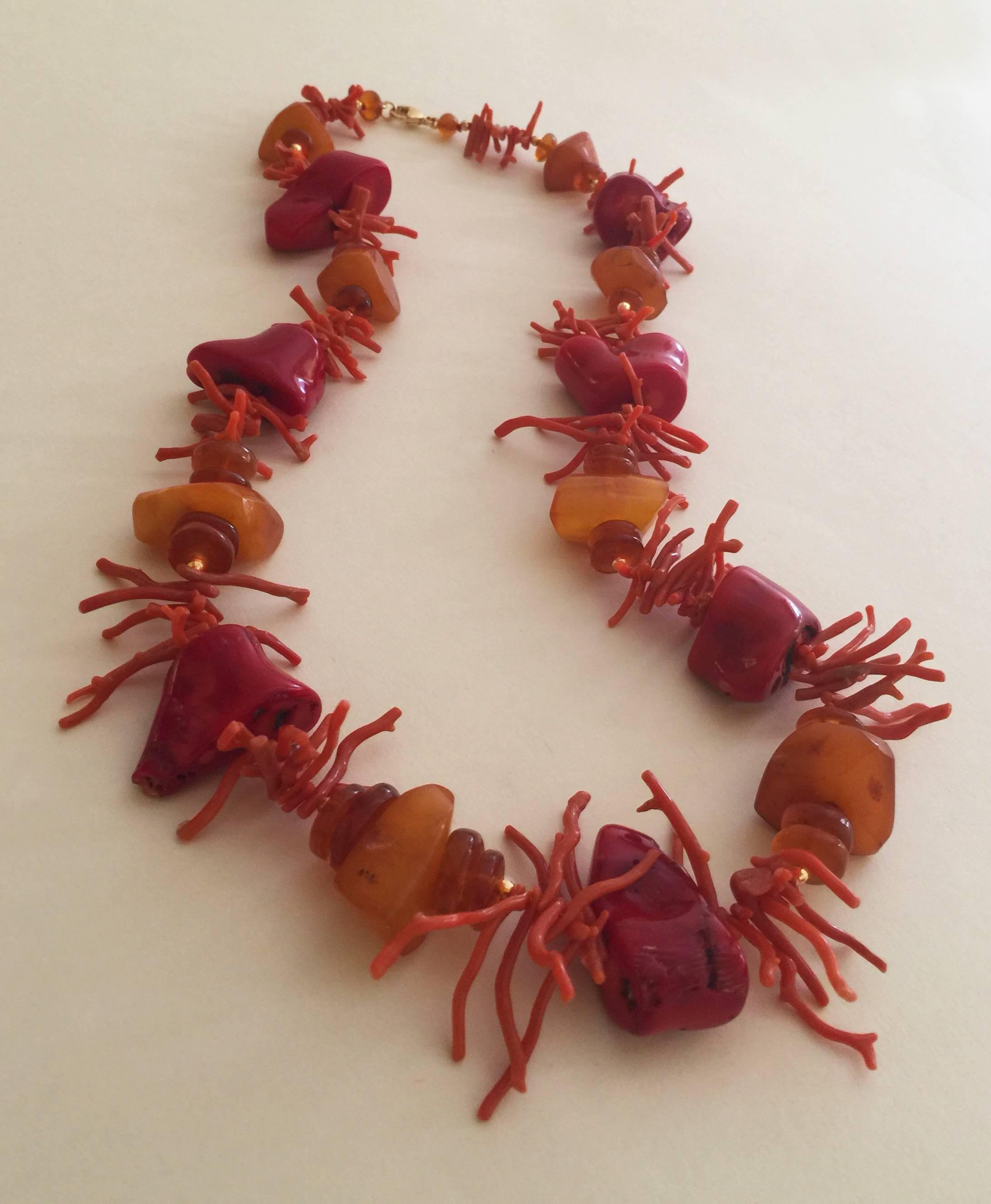 Women's Red Coral and Amber Necklace with Gold Plated Beads and Clasp by Marina J