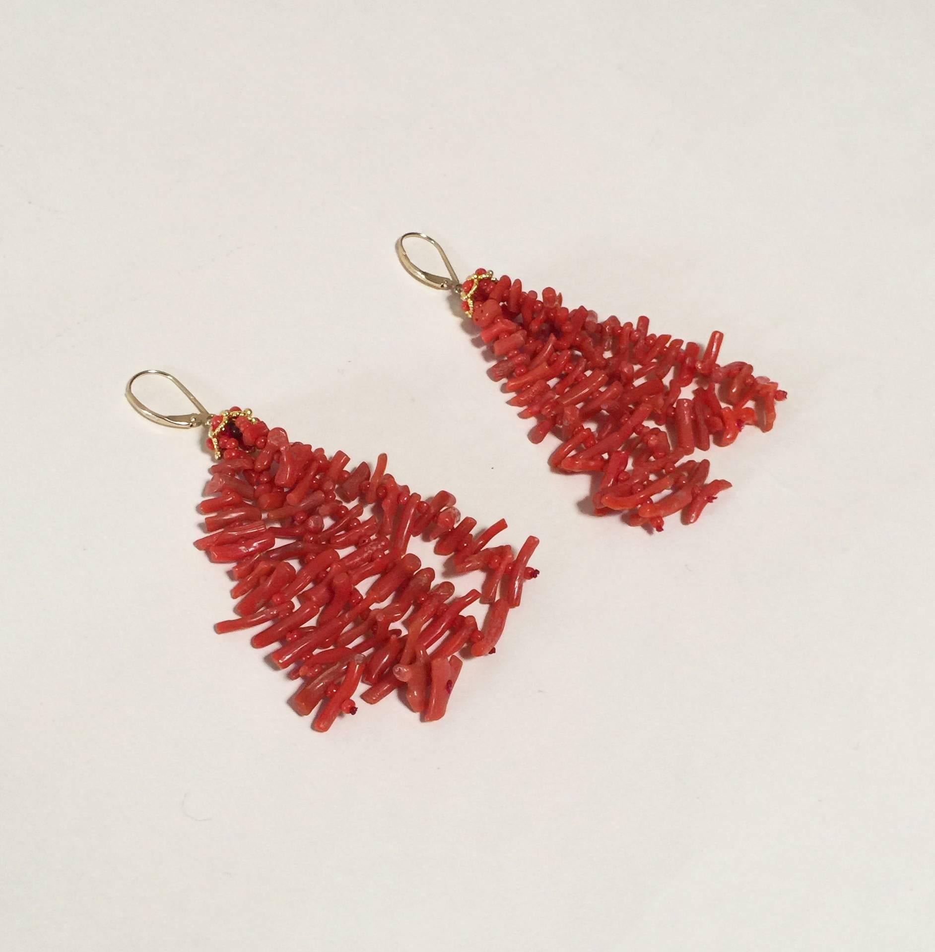 Women's Coral Tassel Earrings with 14 Karat Gold Cup and Lever Back by Marina J
