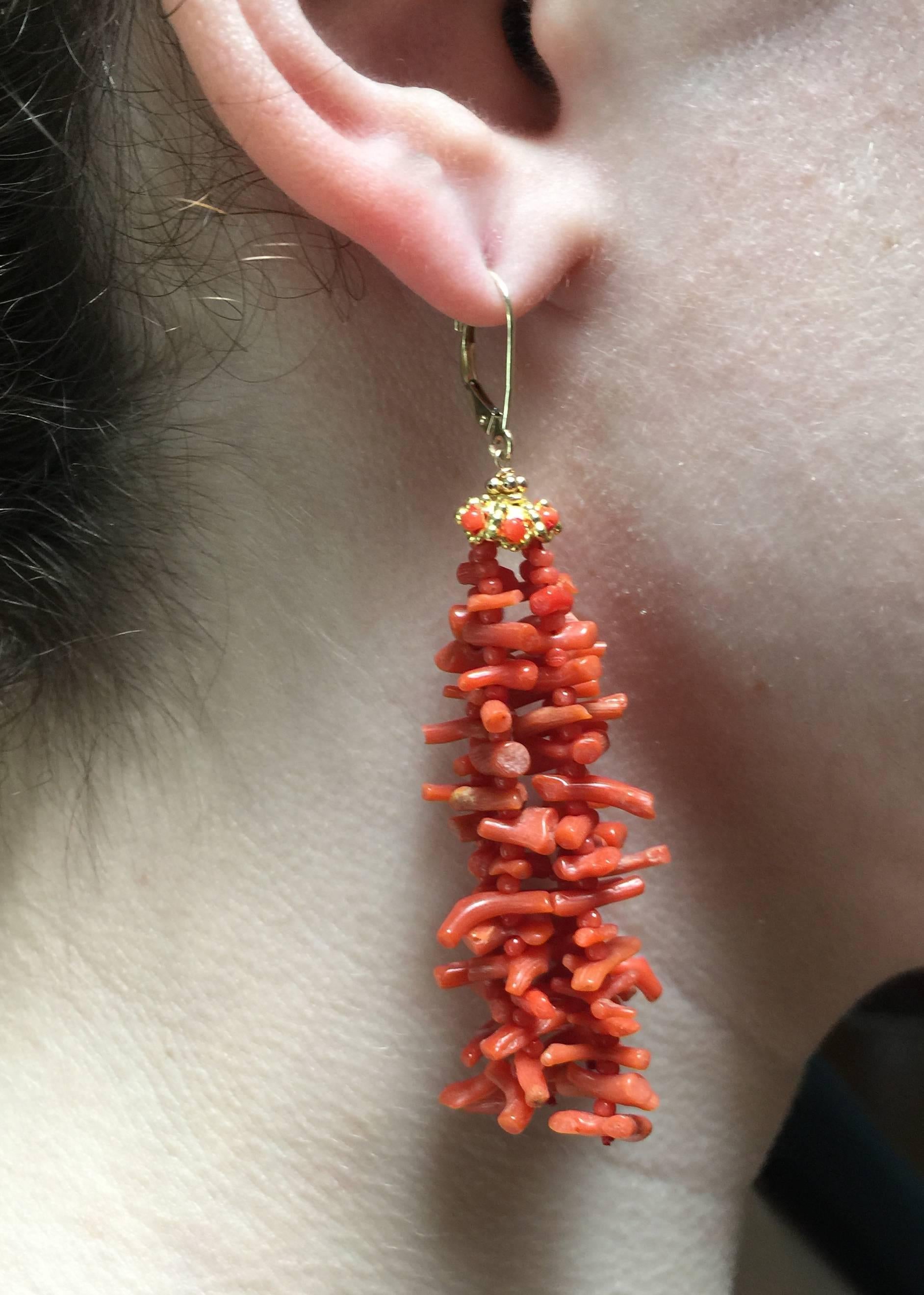 Coral Tassel Earrings with 14 Karat Gold Cup and Lever Back by Marina J In New Condition In Los Angeles, CA