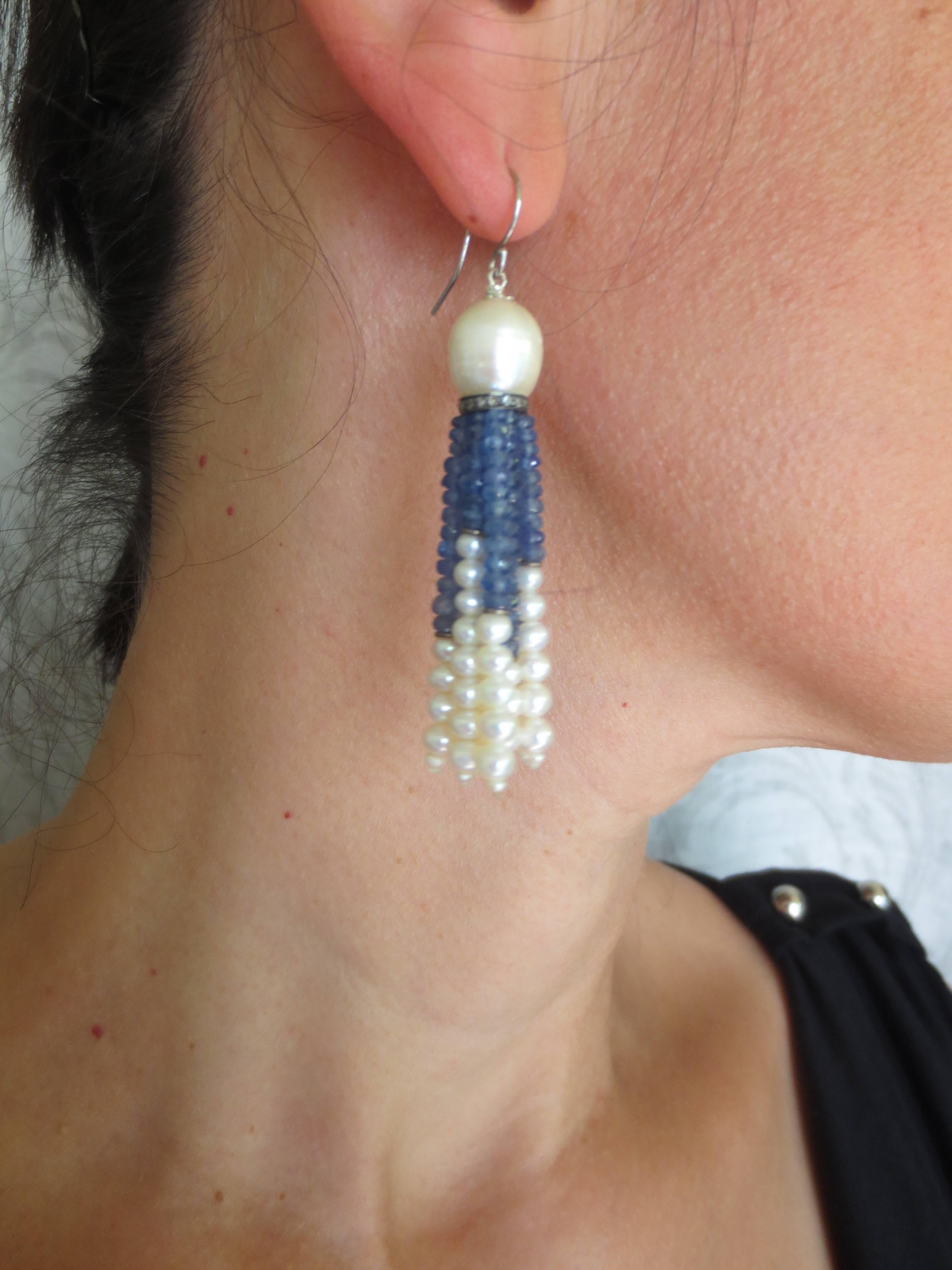 White Pearl and Sapphire Tassel Earrings with 14k White Gold Lever Backs 2
