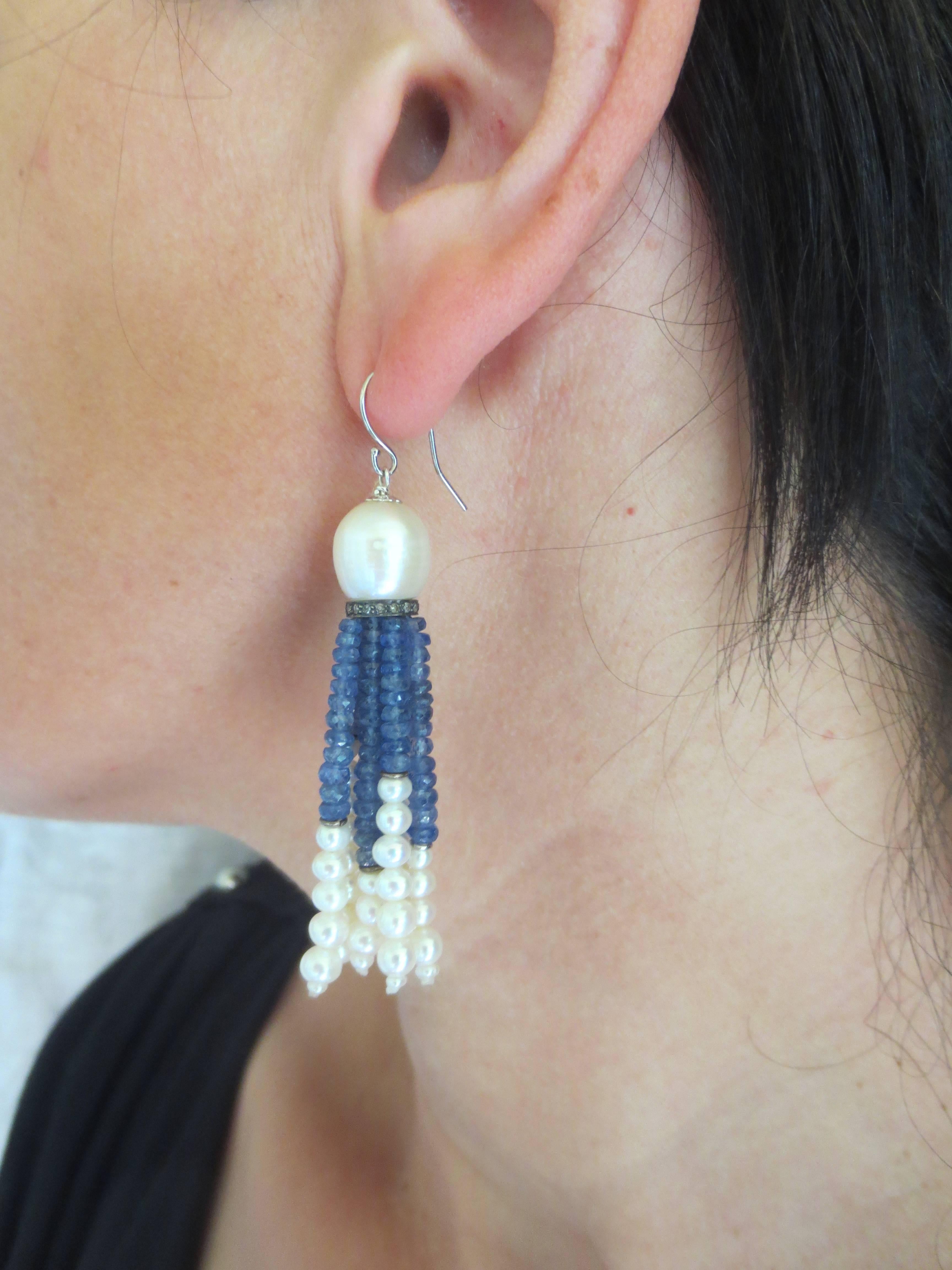 White Pearl and Sapphire Tassel Earrings with 14k White Gold Lever Backs 3
