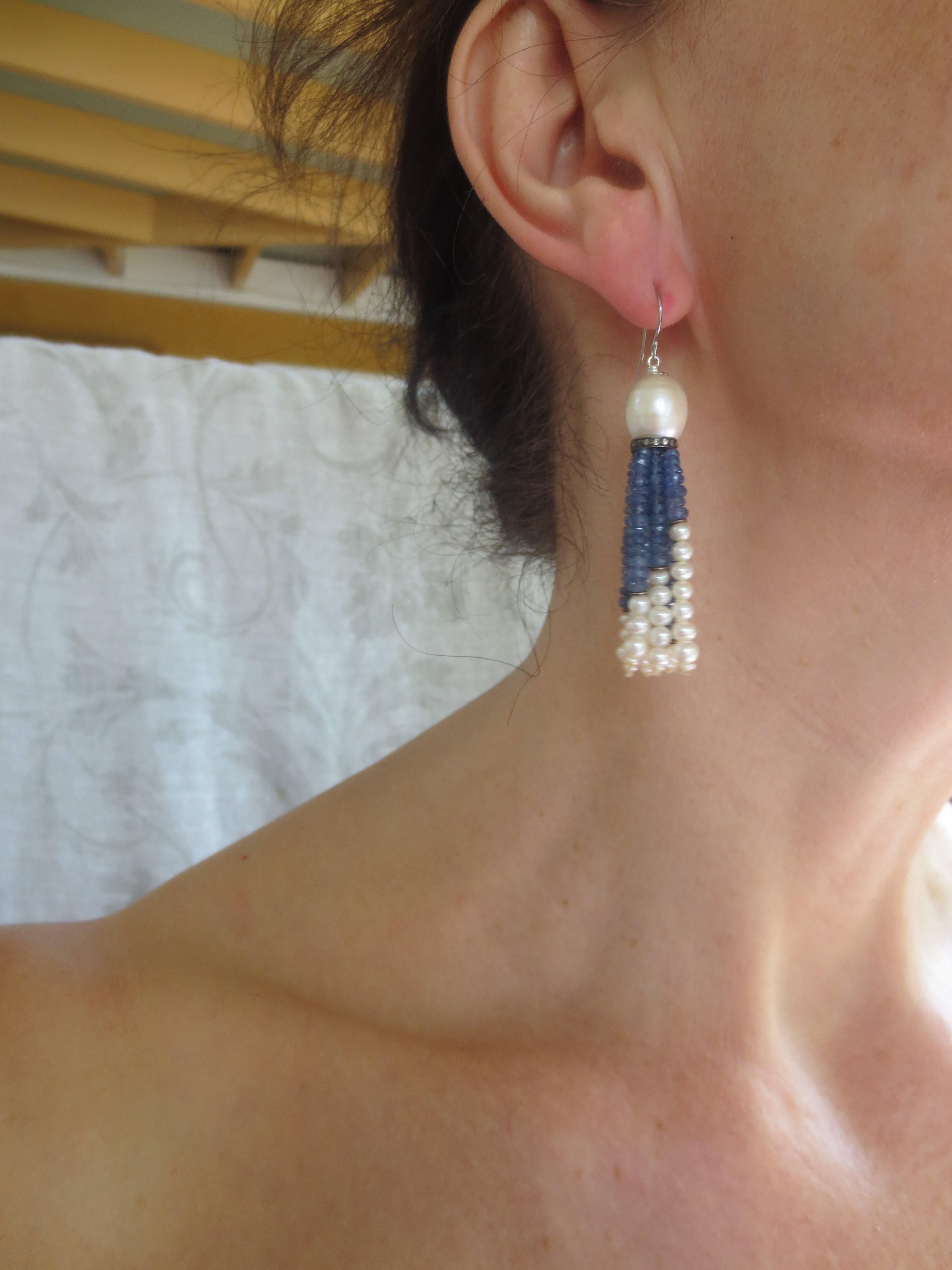 White Pearl and Sapphire Tassel Earrings with 14k White Gold Lever Backs 4