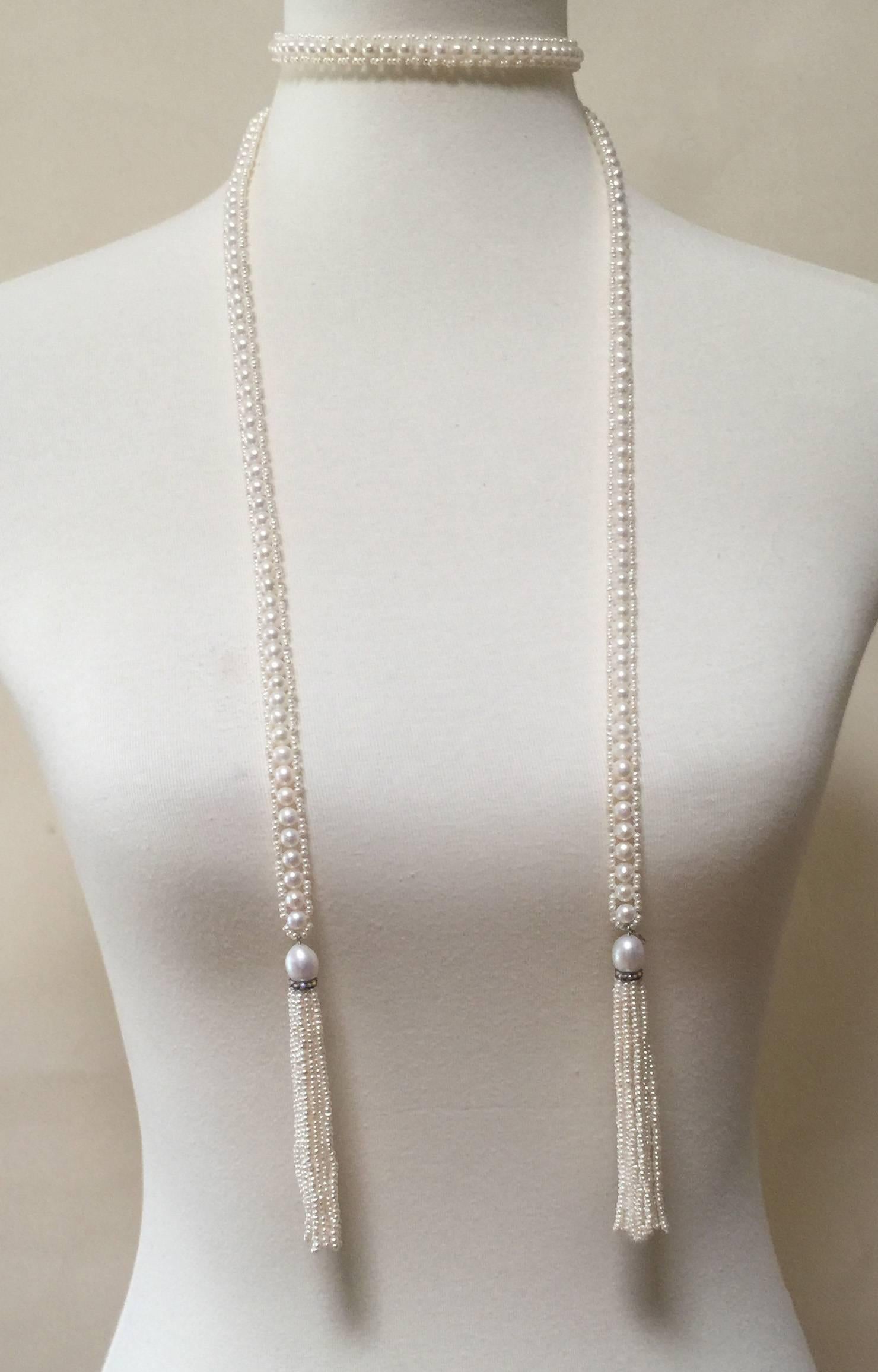 Marina J intricately Woven Pearl Sautoir with Pearl Tassels  Diamond rondales  1