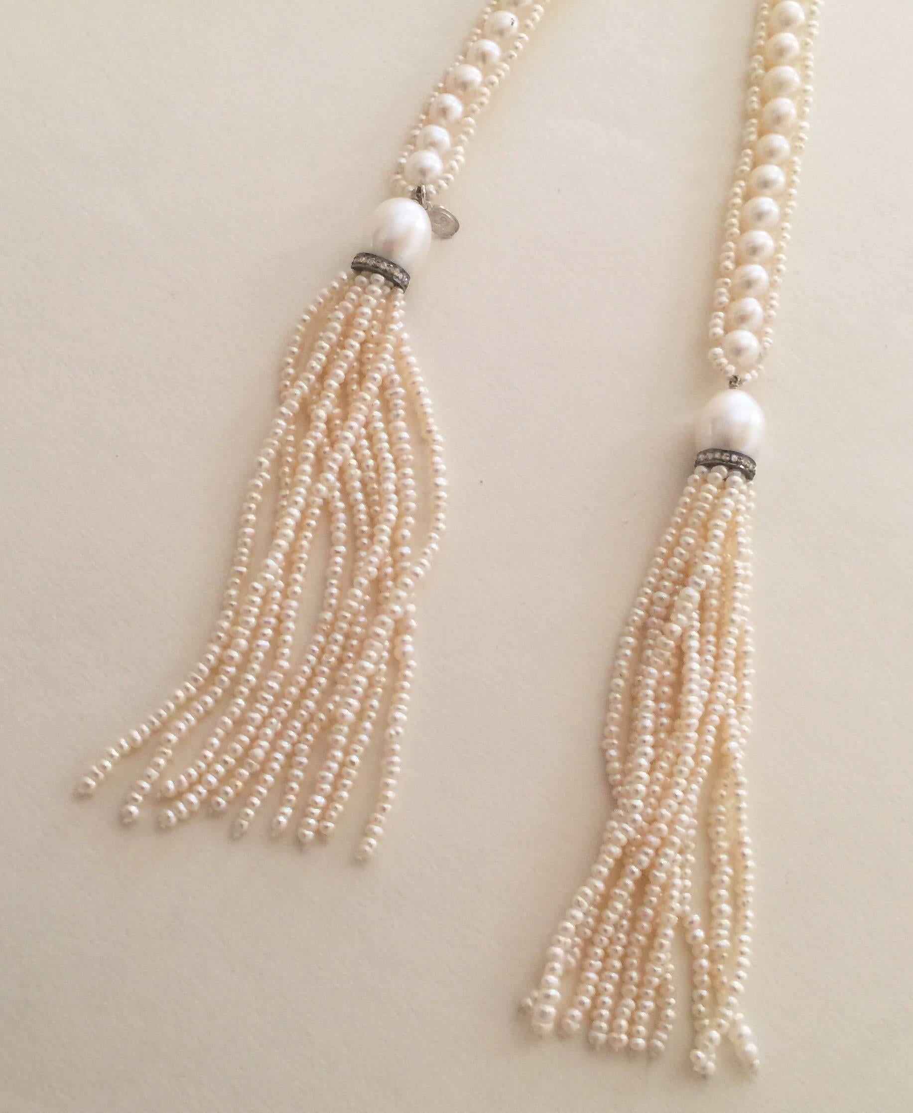 Women's Marina J intricately Woven Pearl Sautoir with Pearl Tassels  Diamond rondales 