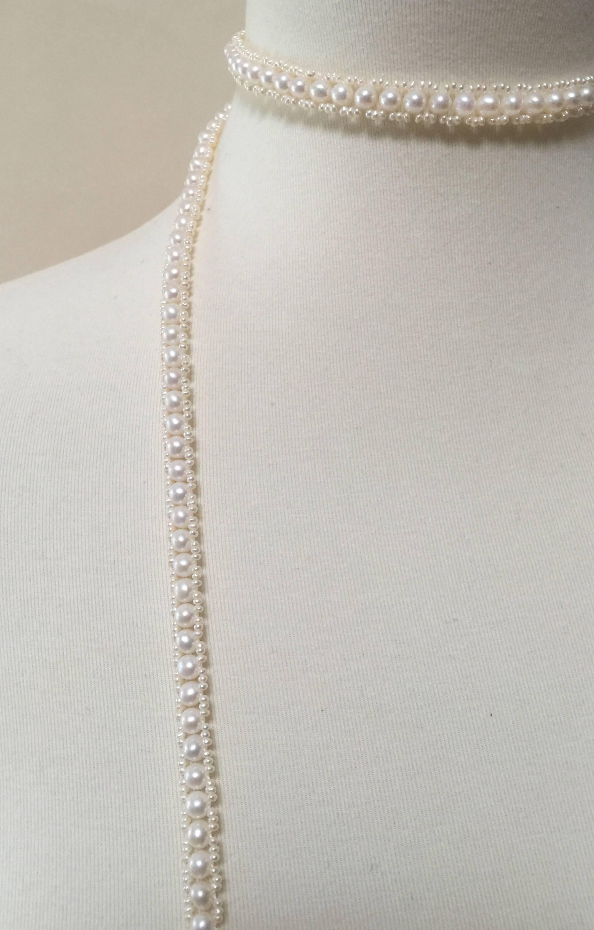 The combination of 1mm and 6mm glistening flawless pearls, creates an elegant lace like design that is exclusive to the Marina J. collection. The tassels start with a three quarter oval pearl and diamond encrusted silver roundel. Small seed pearl