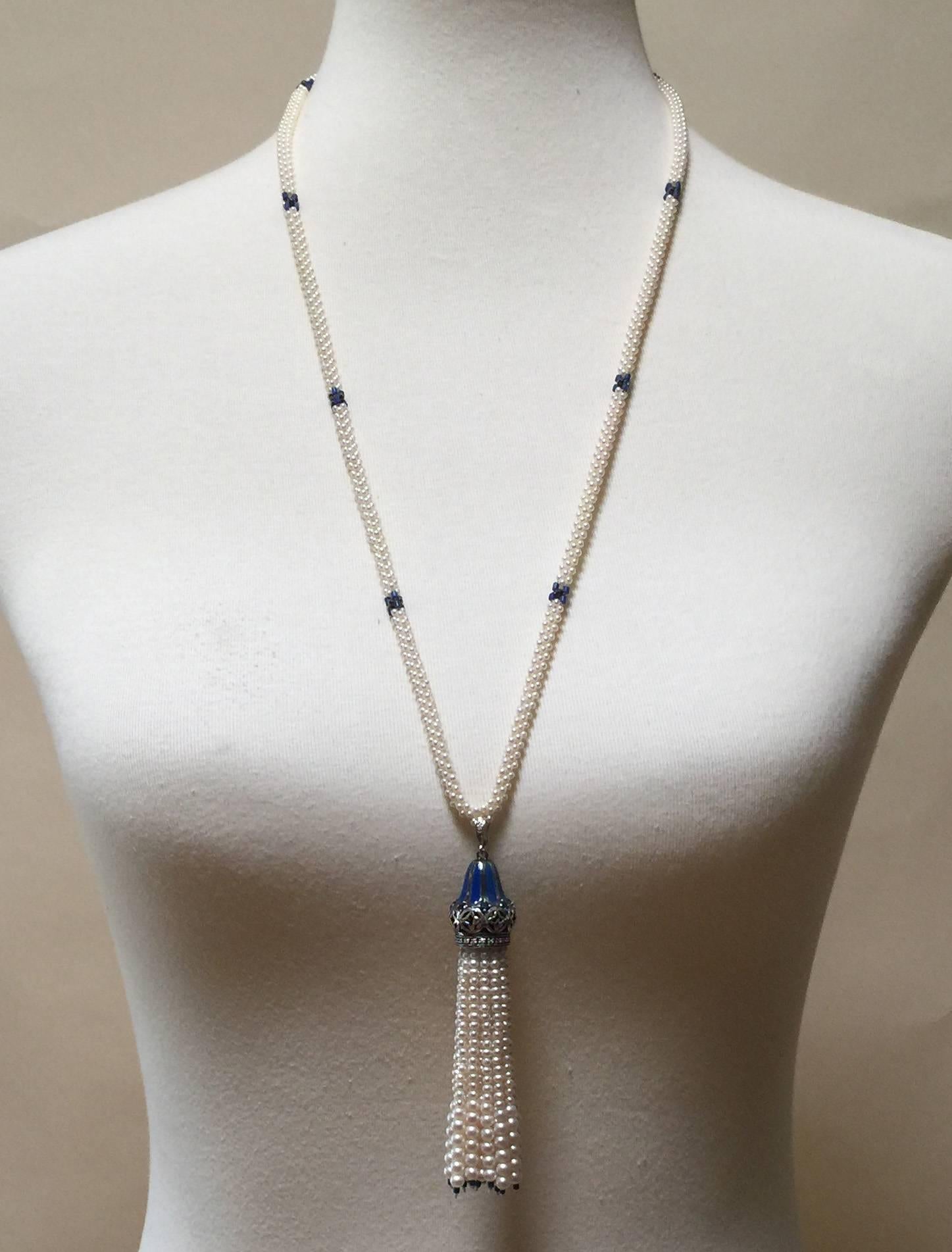 Brilliant Cut Marina J  Woven Long Pearl Necklace with Hand made Graduated Tassle with Enamel 