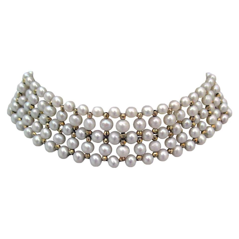 Woven cultured Pearls, 14 k yellow Gold Choker Necklace by Marina J.