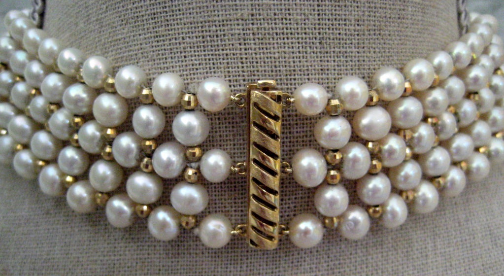 Artisan Woven cultured Pearls, 14 k yellow Gold Choker Necklace by Marina J.