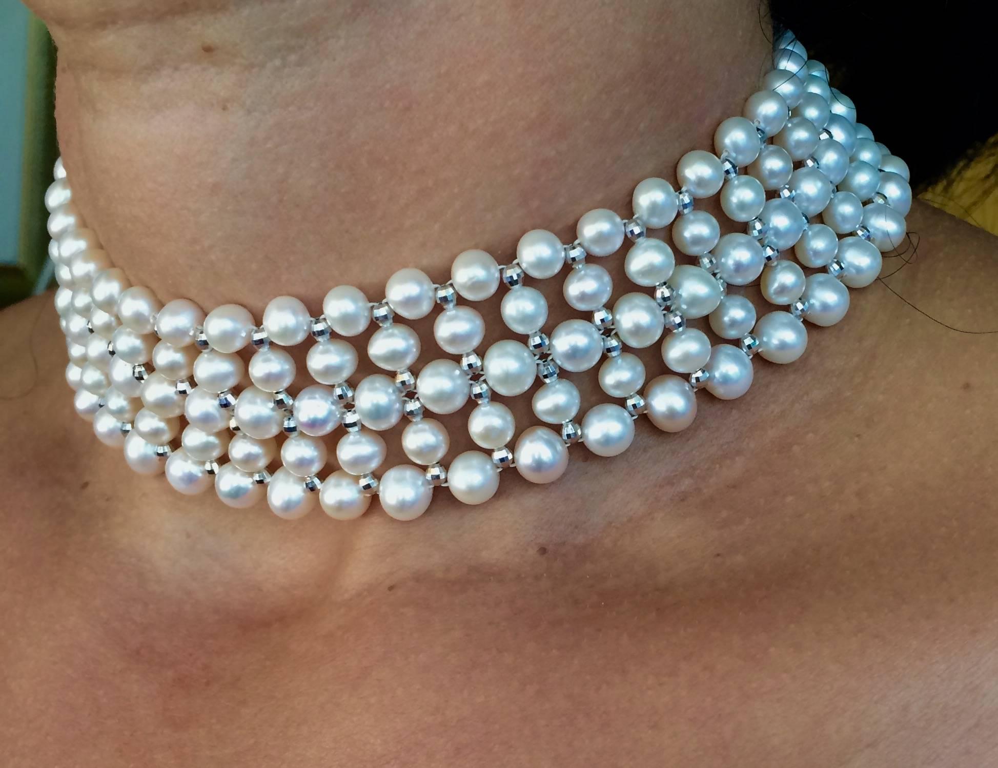Woven cultured Pearls, 14 k yellow Gold Choker Necklace by Marina J. In New Condition In Los Angeles, CA