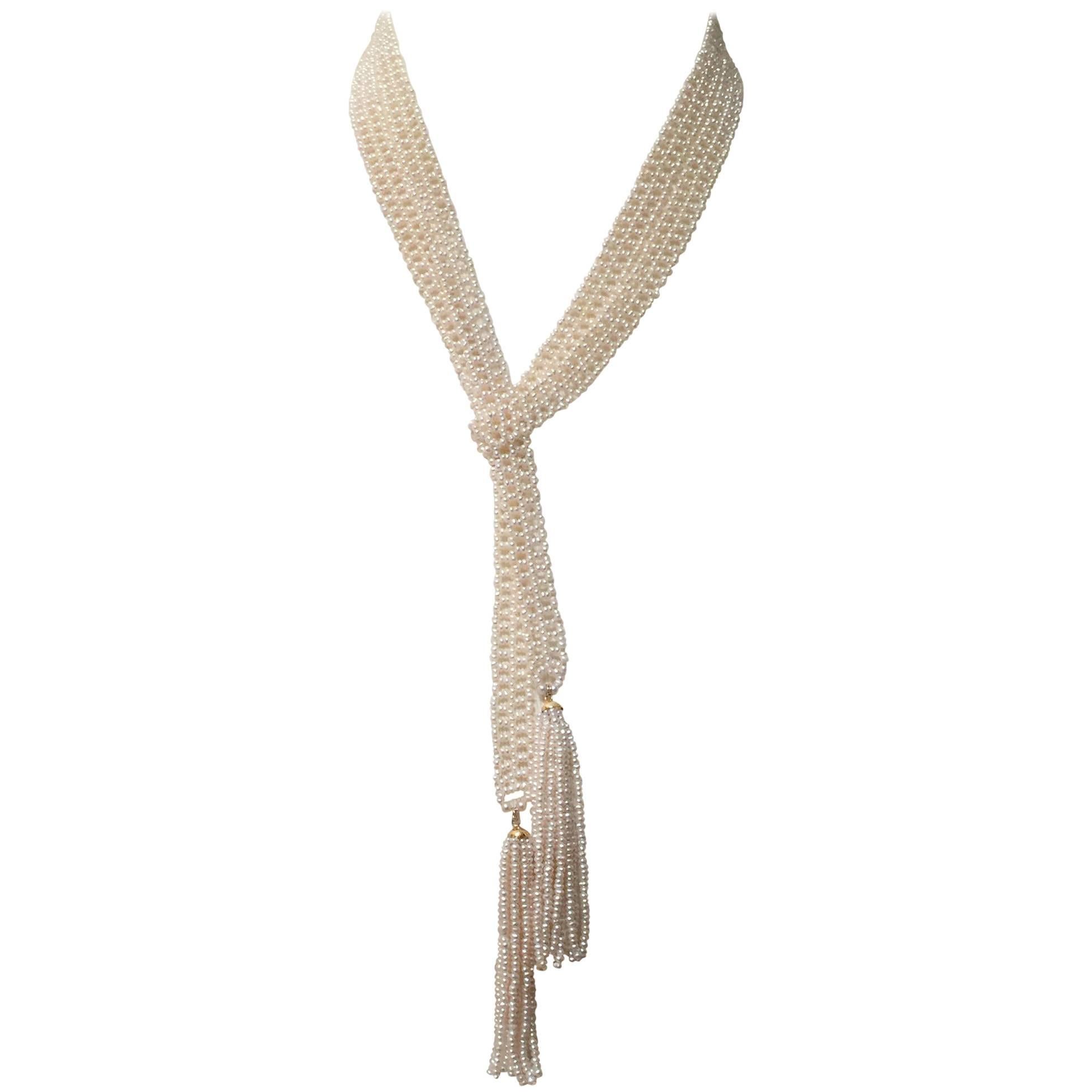 Marina J Woven Seed Pearl Sautoir with 14 Karat Yellow Gold Topped Pearl Tassels