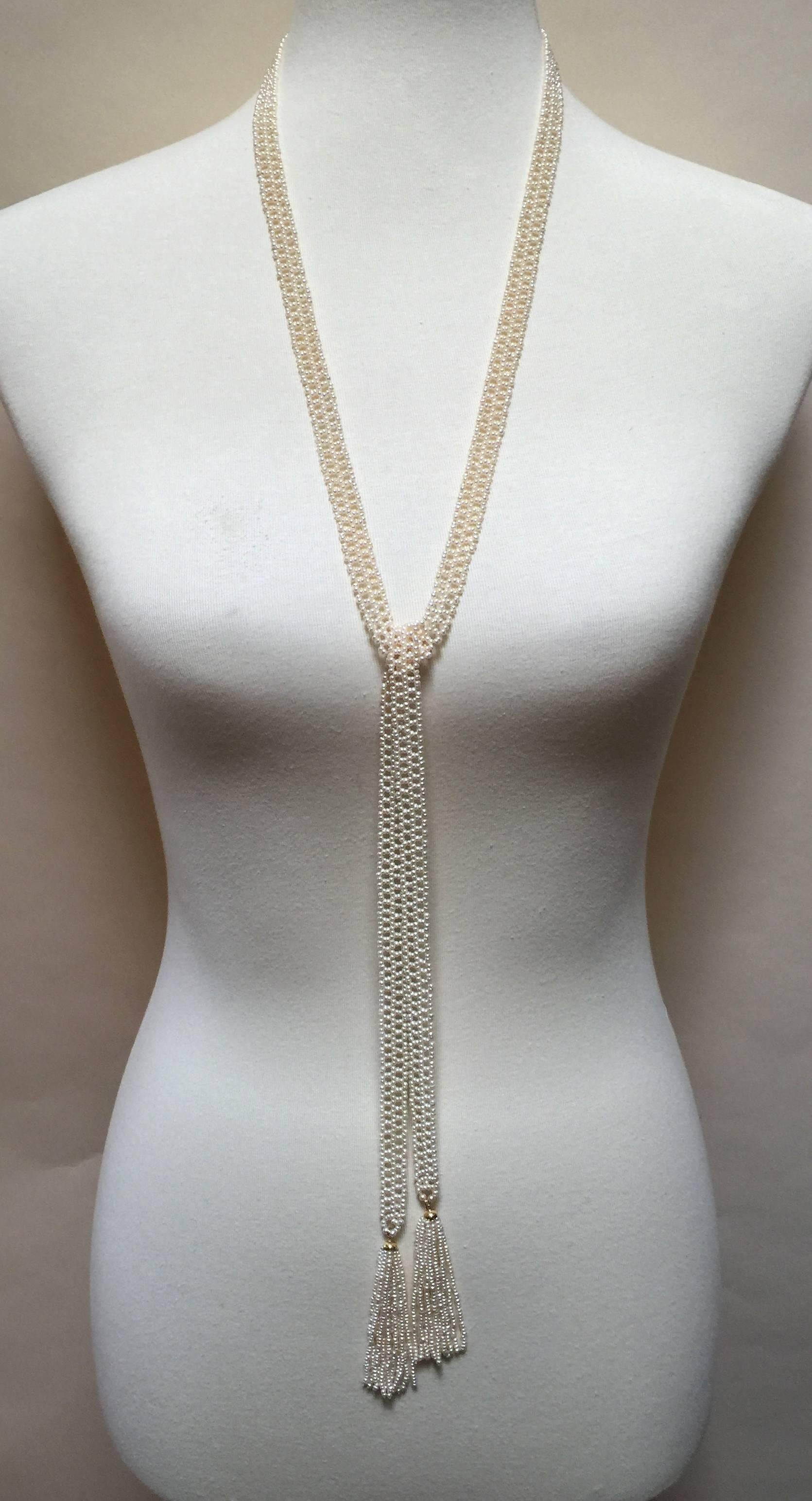 Artist Marina J Woven Seed Pearl Sautoir with 14 Karat Yellow Gold Topped Pearl Tassels