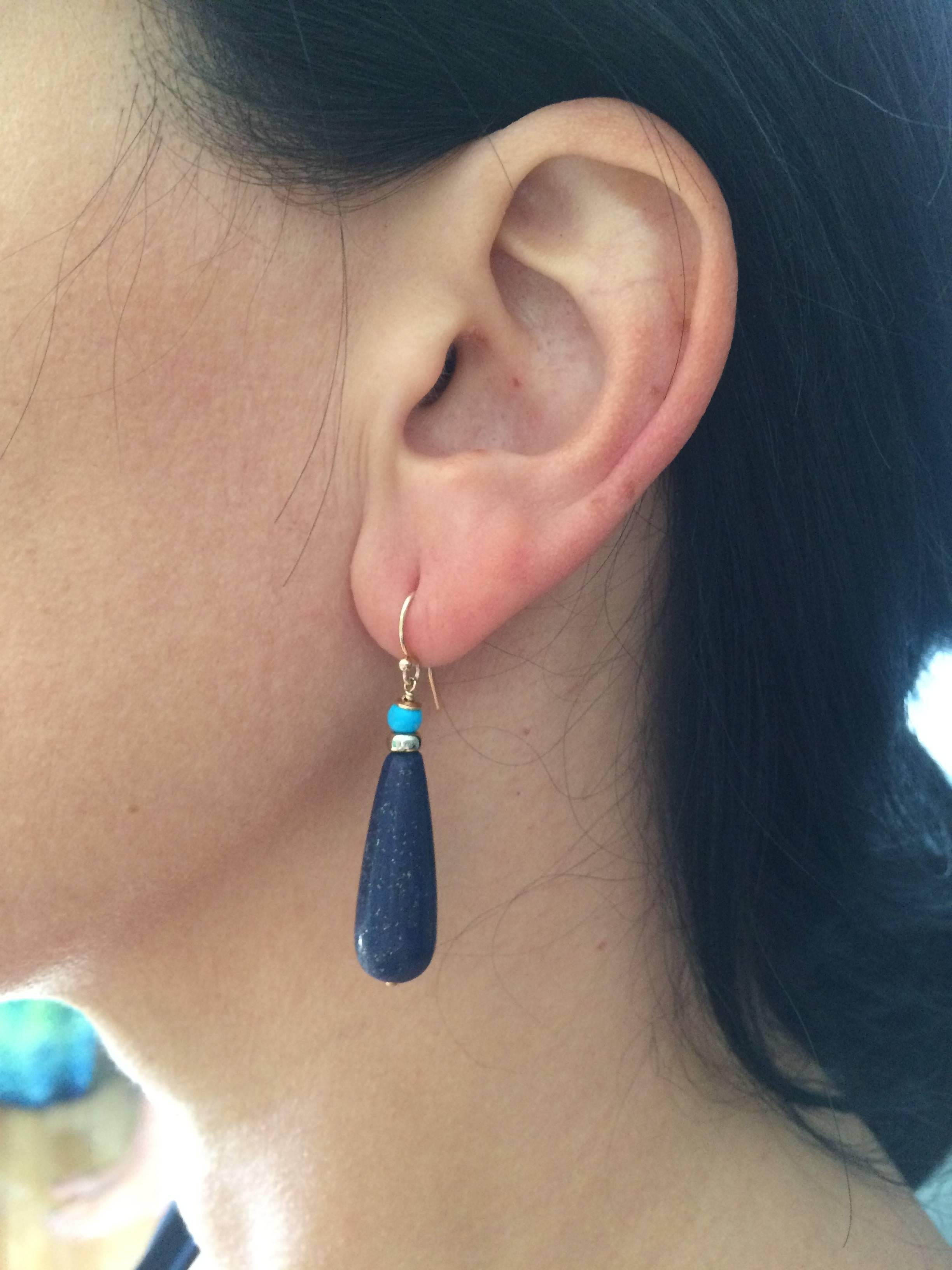 Women's Marina J Lapis Lazuli and Turquoise Drop Earrings with 14 K Gold Hooks 