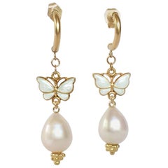 Marina J Drop Pearl Earring with Vintage White Enamel Butterfly