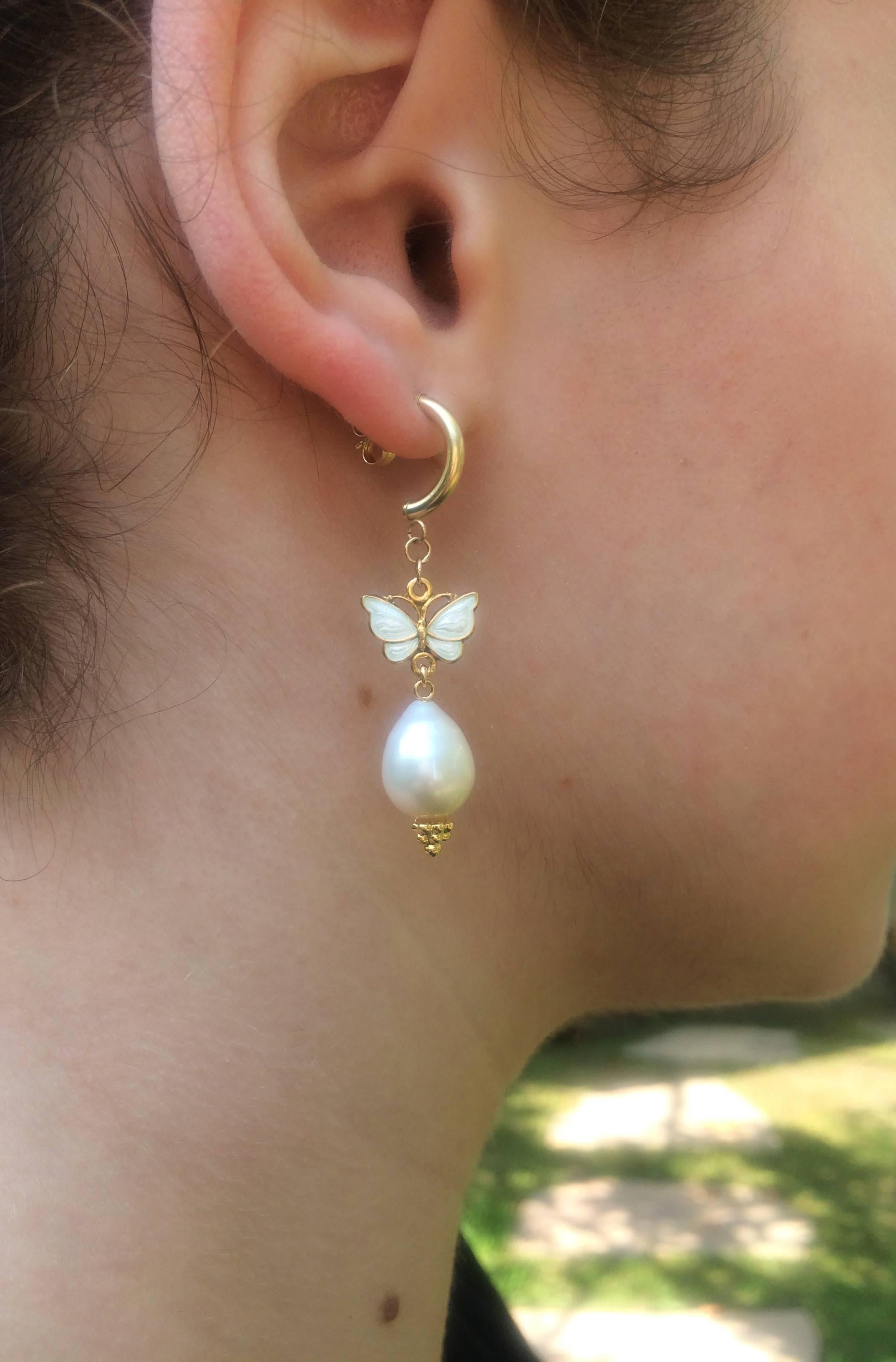 Artist Marina J Drop Pearl Earring with Vintage White Enamel Butterfly