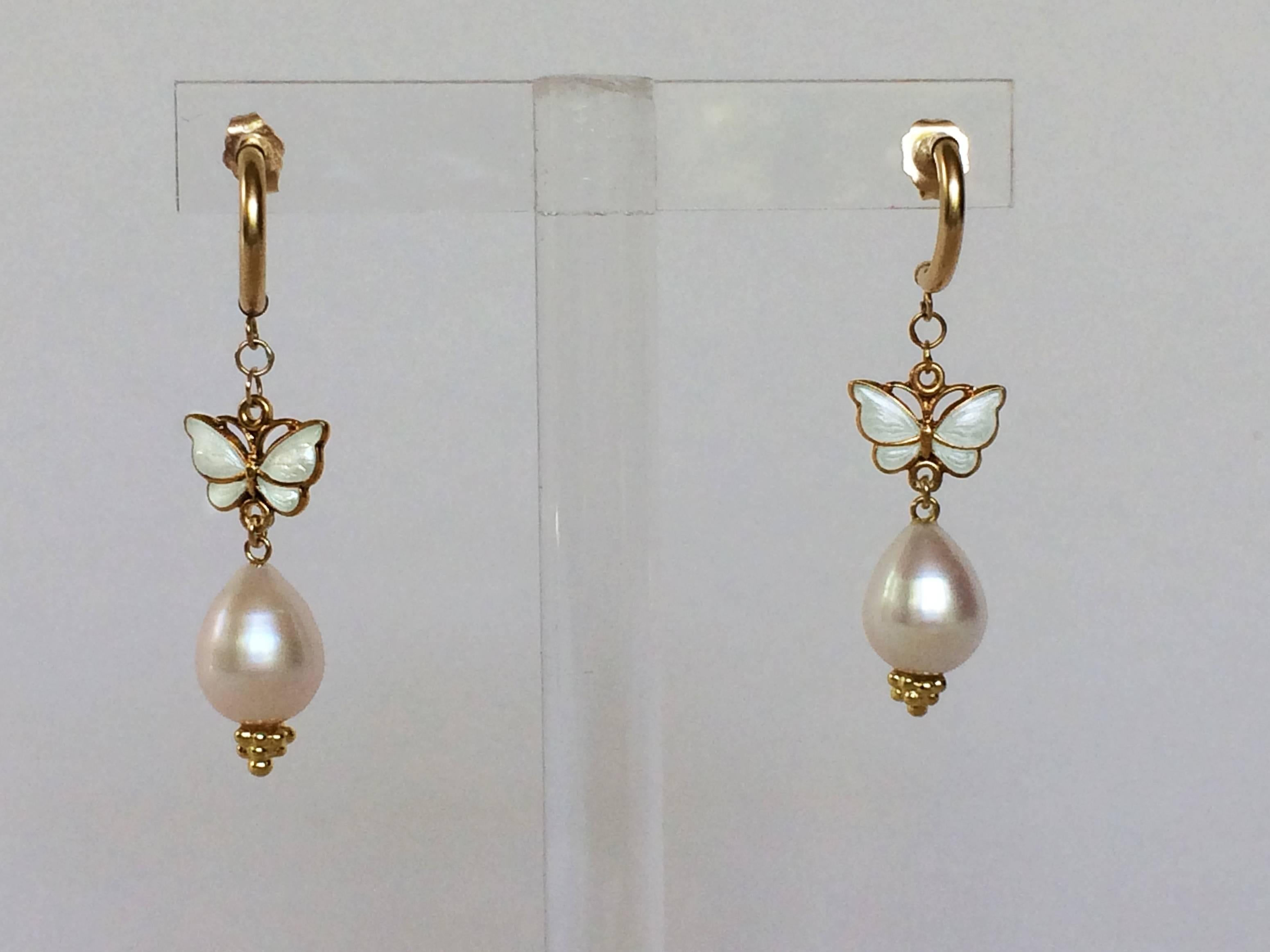 Marina J Drop Pearl Earring with Vintage White Enamel Butterfly In New Condition In Los Angeles, CA