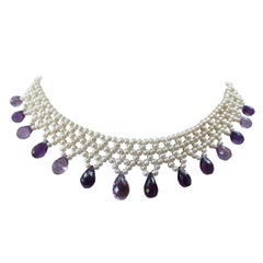 Marina J Woven Pearl Necklace with Faceted Amethyst Briolettes & 14K Gold Clasp 