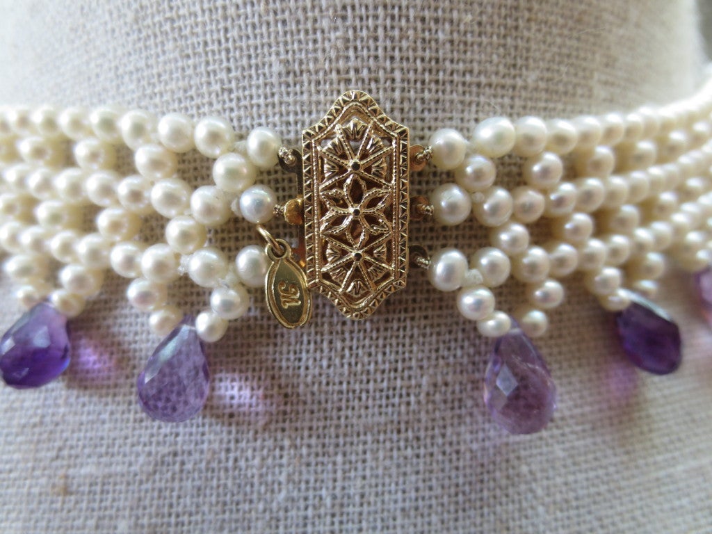 Contemporary Marina J Woven Pearl Necklace with Faceted Amethyst Briolettes & 14K Gold Clasp 